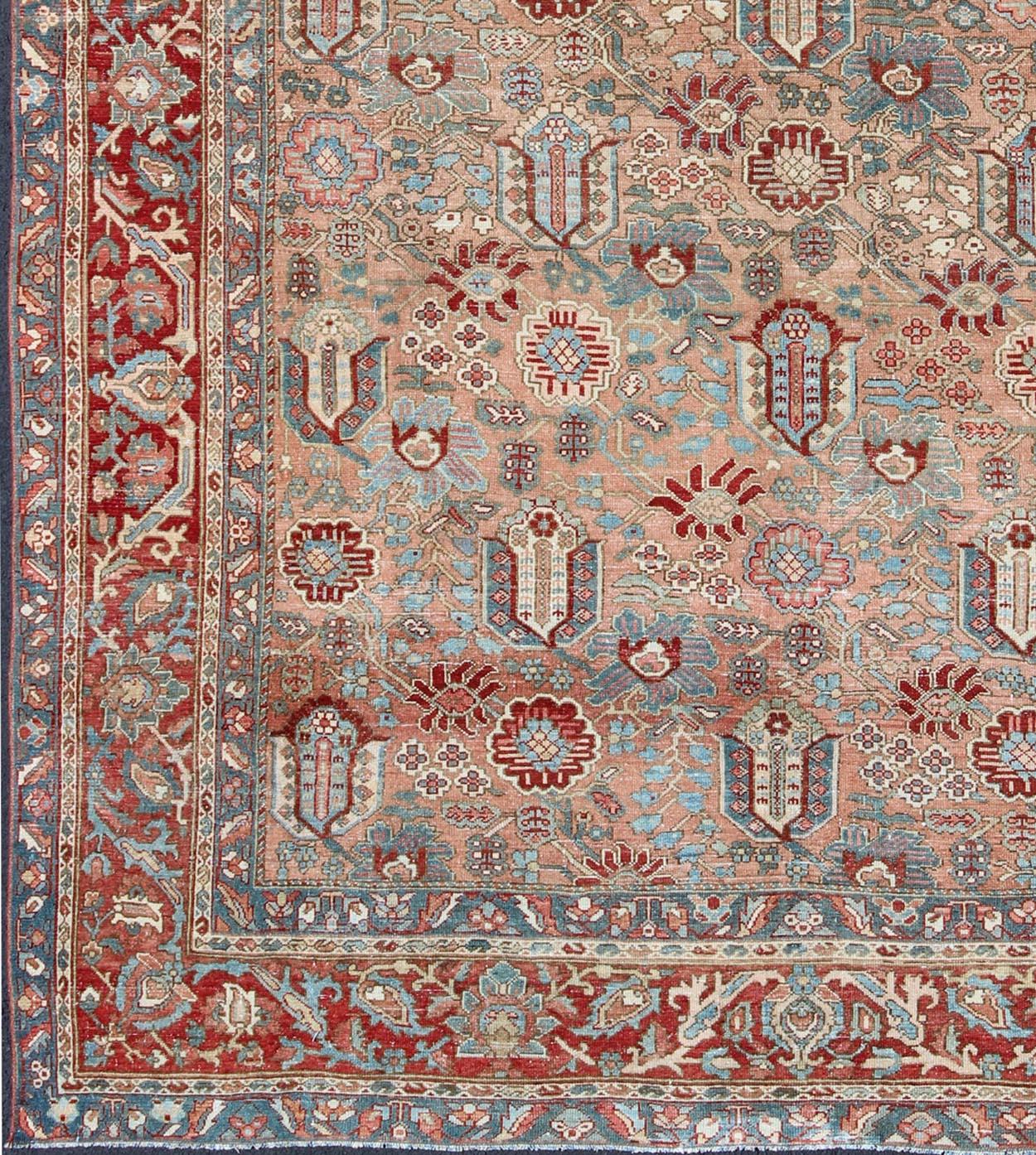Geometric-floral antique Persian Bakhtiari rug with all-over design in Salmon, rug sus-1807-251, country of origin / type: Iran / Bakhtiari, circa 1910

Persian Bakhtiari rugs are in fact tribal pieces that rely upon a repertoire of abstract
