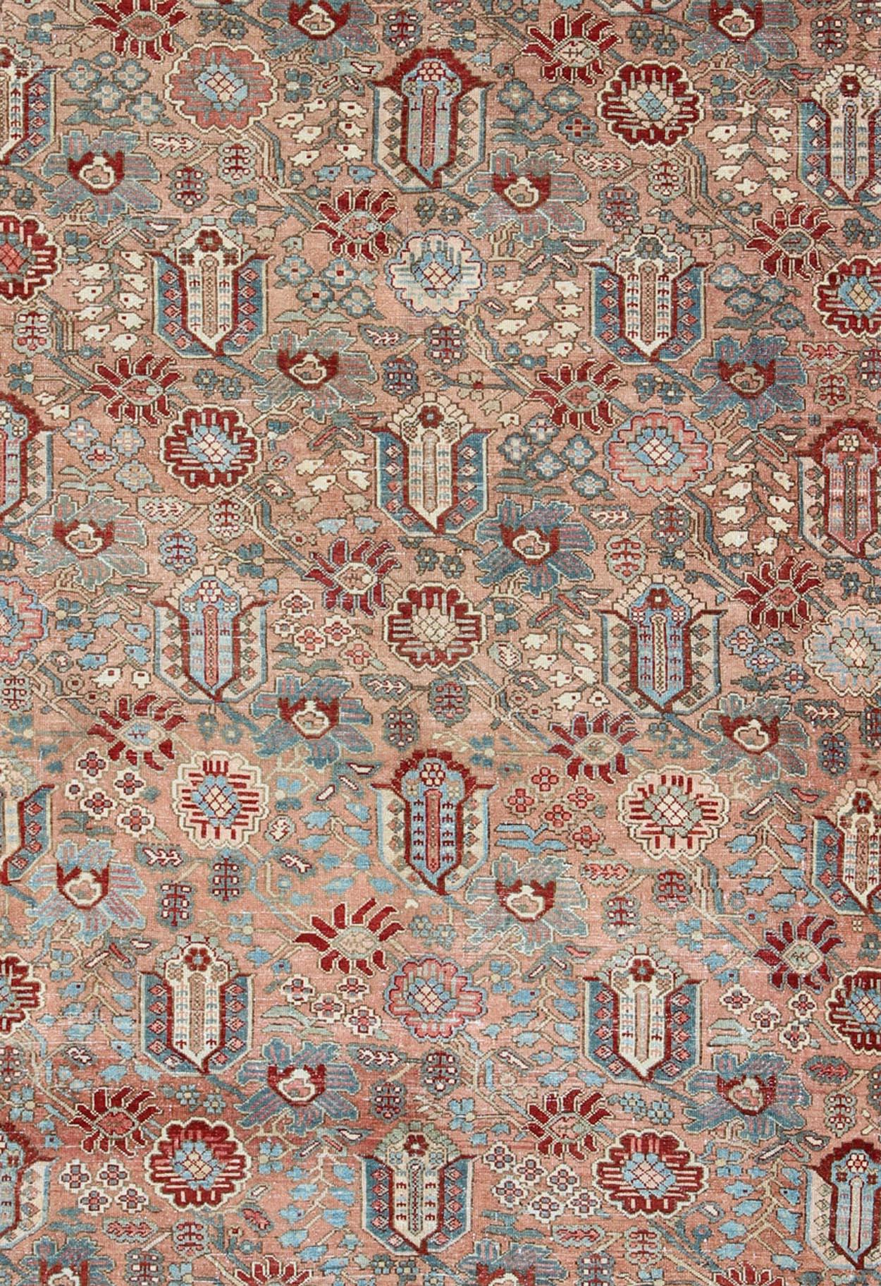 Tribal Geometric-Floral Antique Persian Bakhtiari Rug with All-Over Design in Salmon For Sale