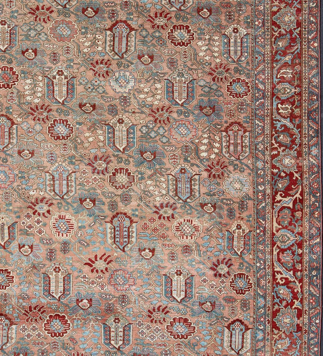 Hand-Knotted Geometric-Floral Antique Persian Bakhtiari Rug with All-Over Design in Salmon For Sale