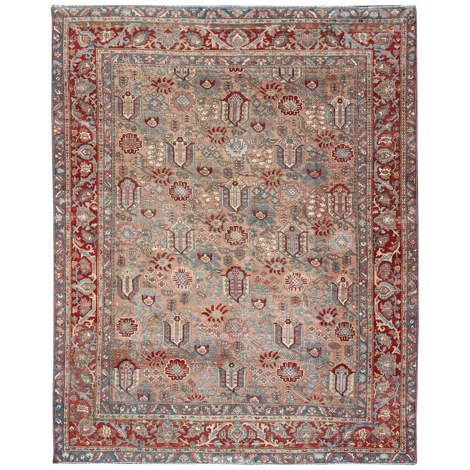 Geometric-Floral Antique Persian Bakhtiari Rug with All-Over Design in Salmon For Sale