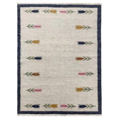 Geometric Floral Swedish Kilim Flat-Weave Rug, 142 × 182 cm - DEKOLET Collection