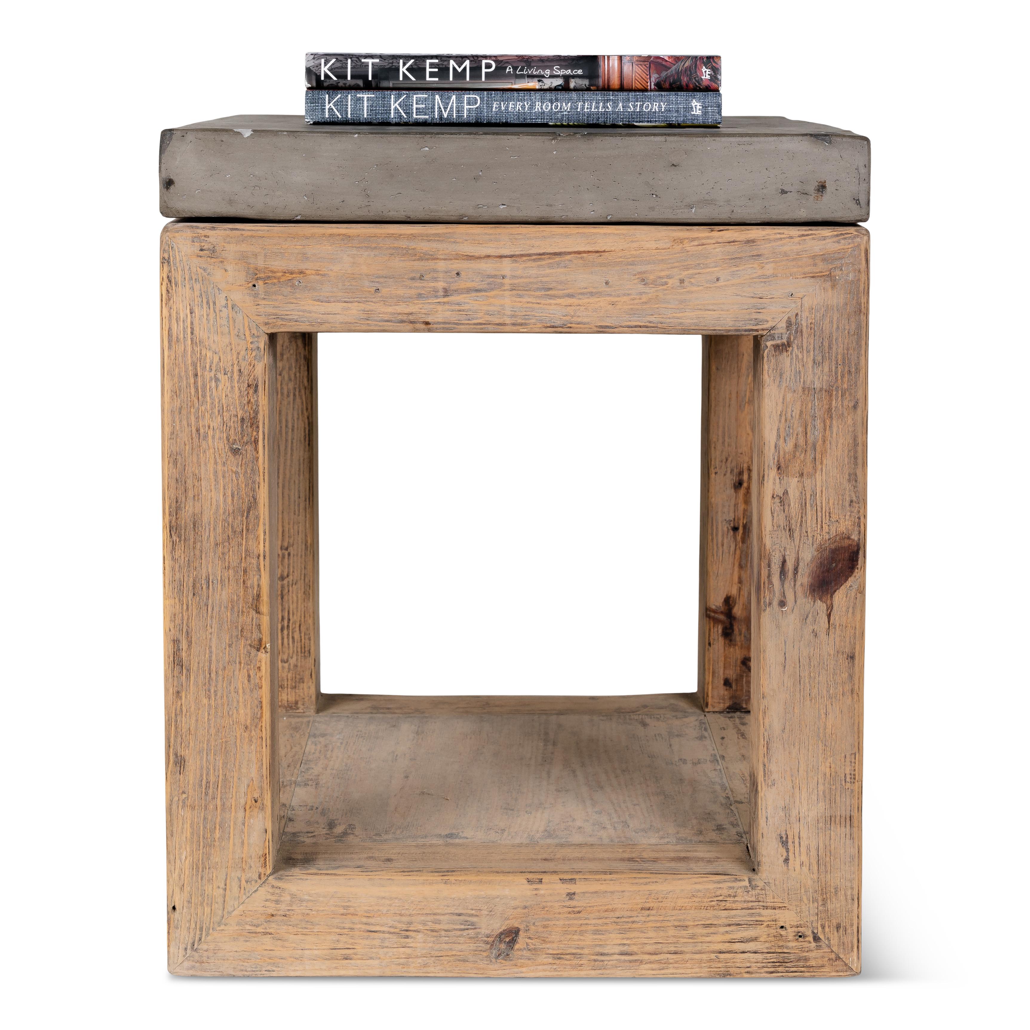 Organic Modern Geometric Form Elm End Table with Cast Concrete Top