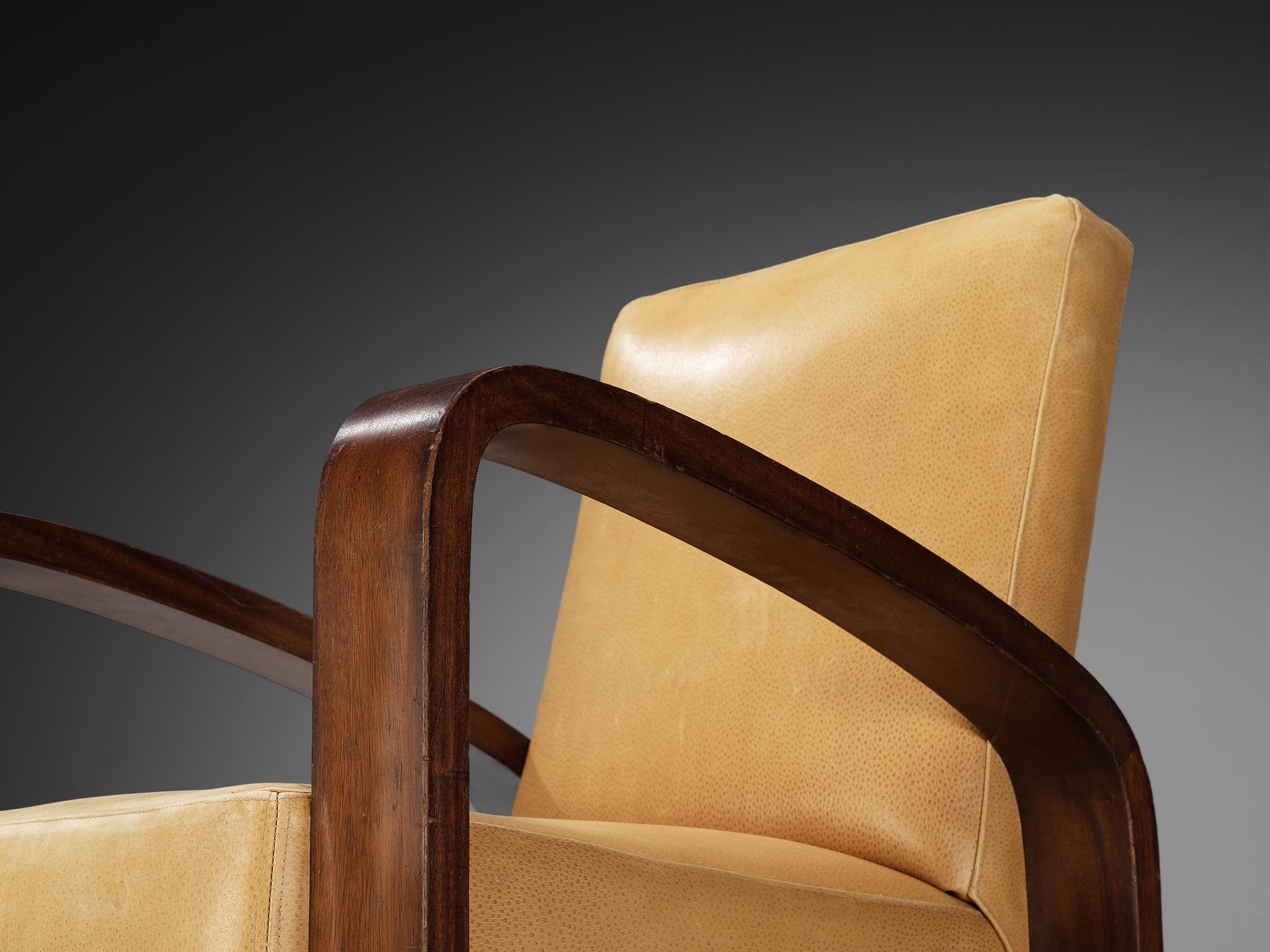 Français Chaise longue géométrique Art déco française en acajou et cuir en vente