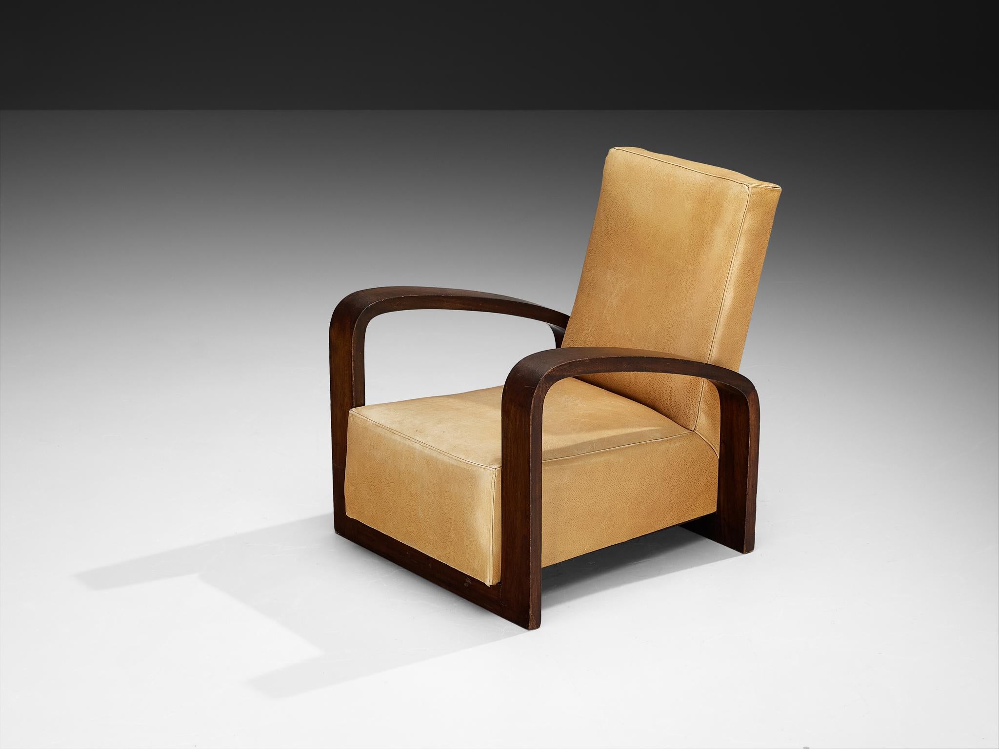 Chaise longue géométrique Art déco française en acajou et cuir Bon état - En vente à Waalwijk, NL