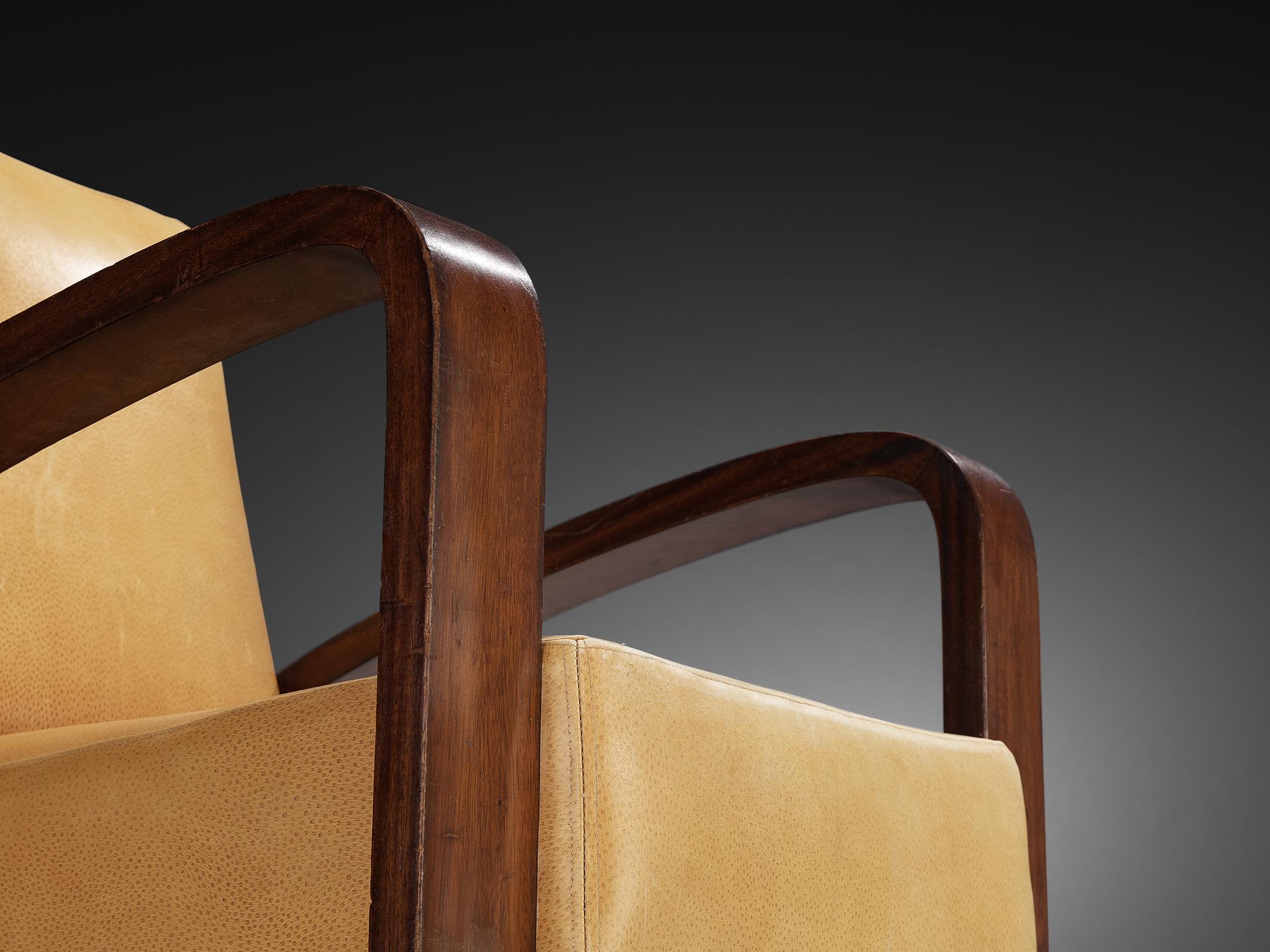 Milieu du XXe siècle Chaise longue géométrique Art déco française en acajou et cuir en vente