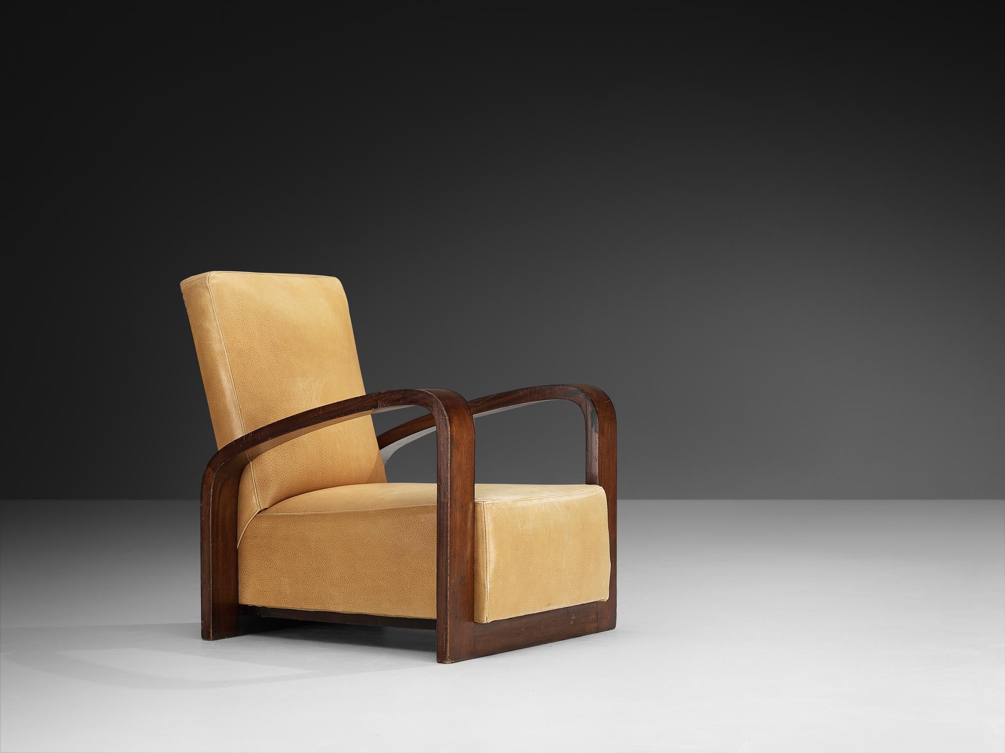 Cuir Chaise longue géométrique Art déco française en acajou et cuir en vente
