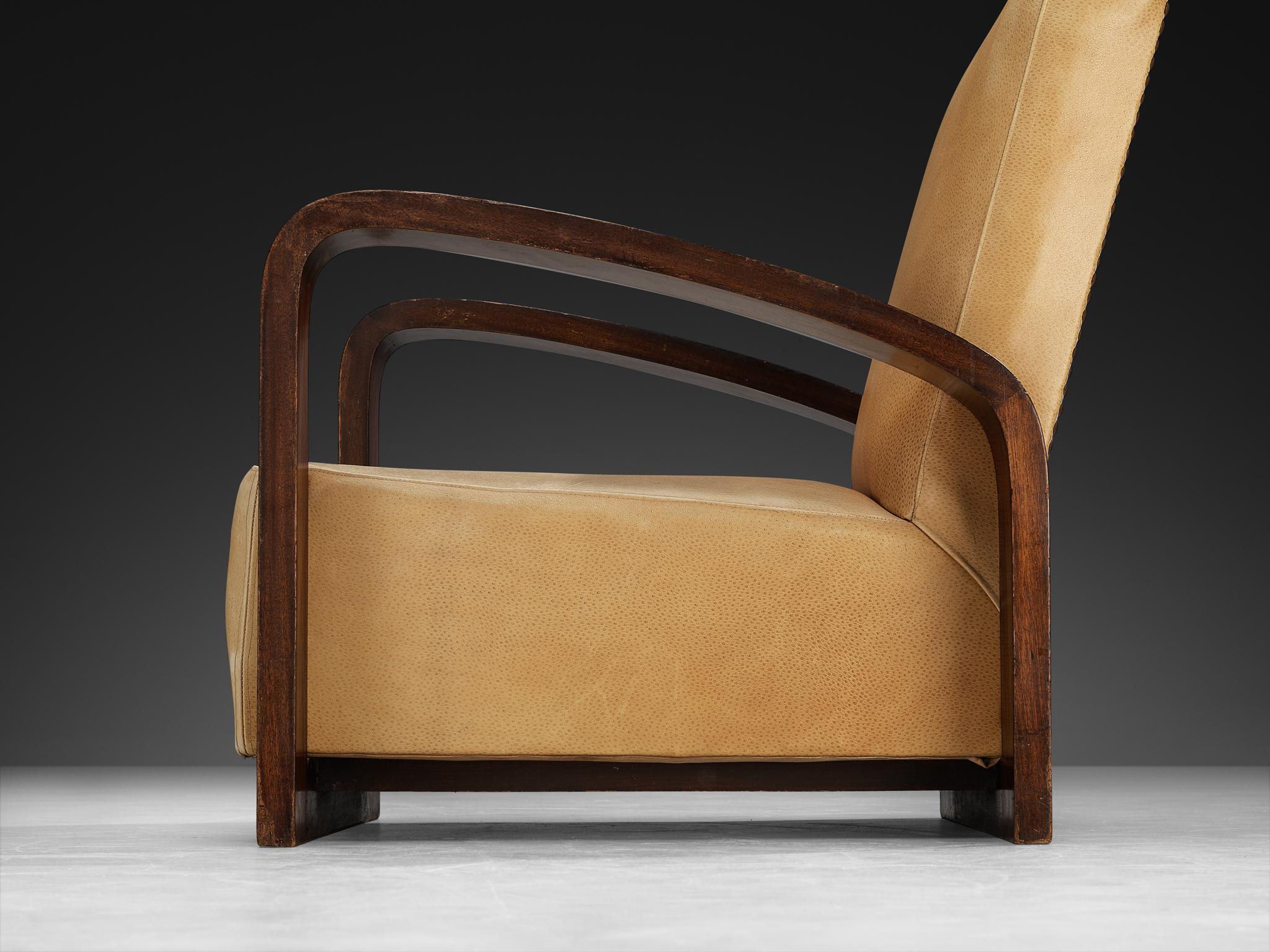 Chaise longue géométrique Art déco française en acajou et cuir en vente 1