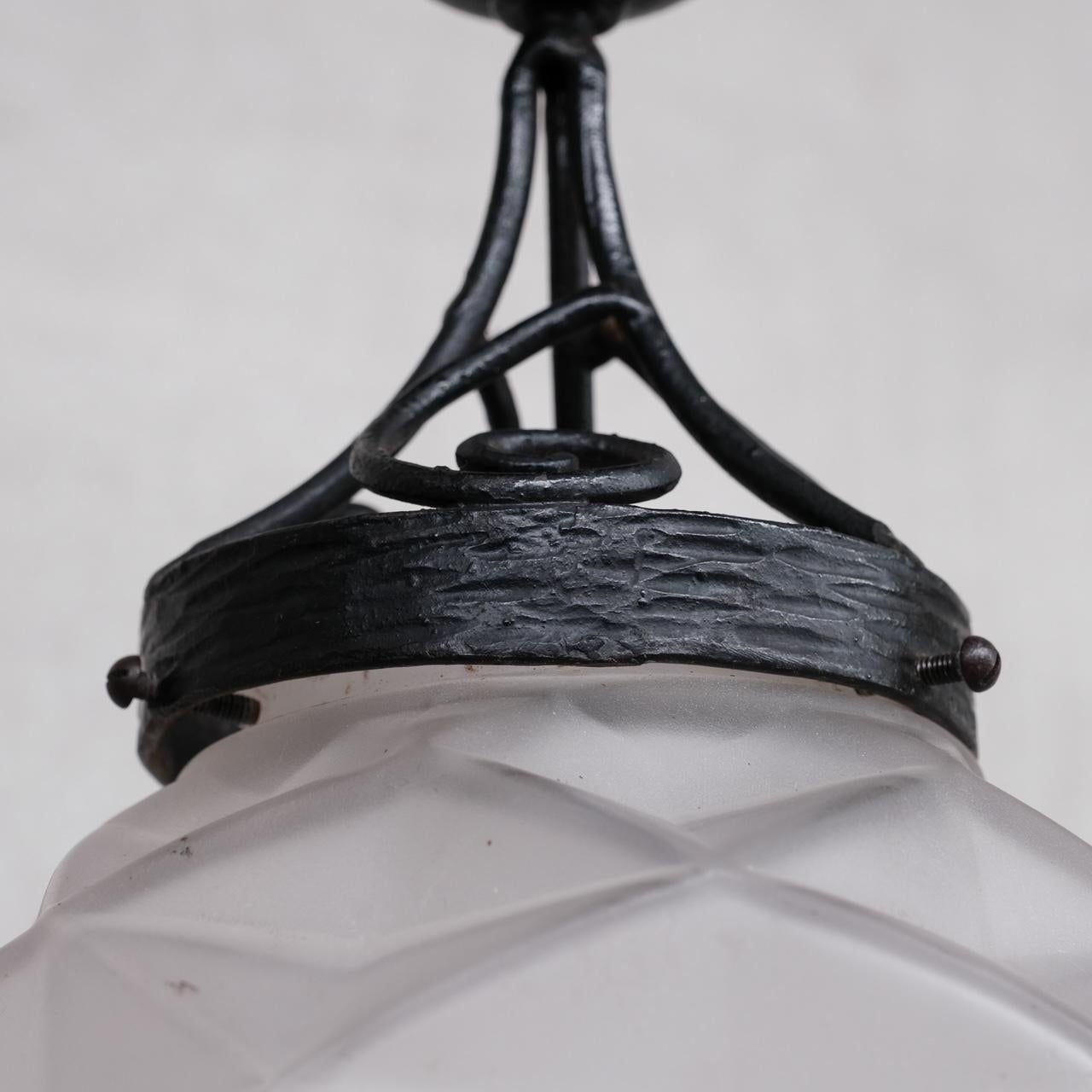 Mid-Century Modern Geometric French Glass and Iron Pendant Light For Sale