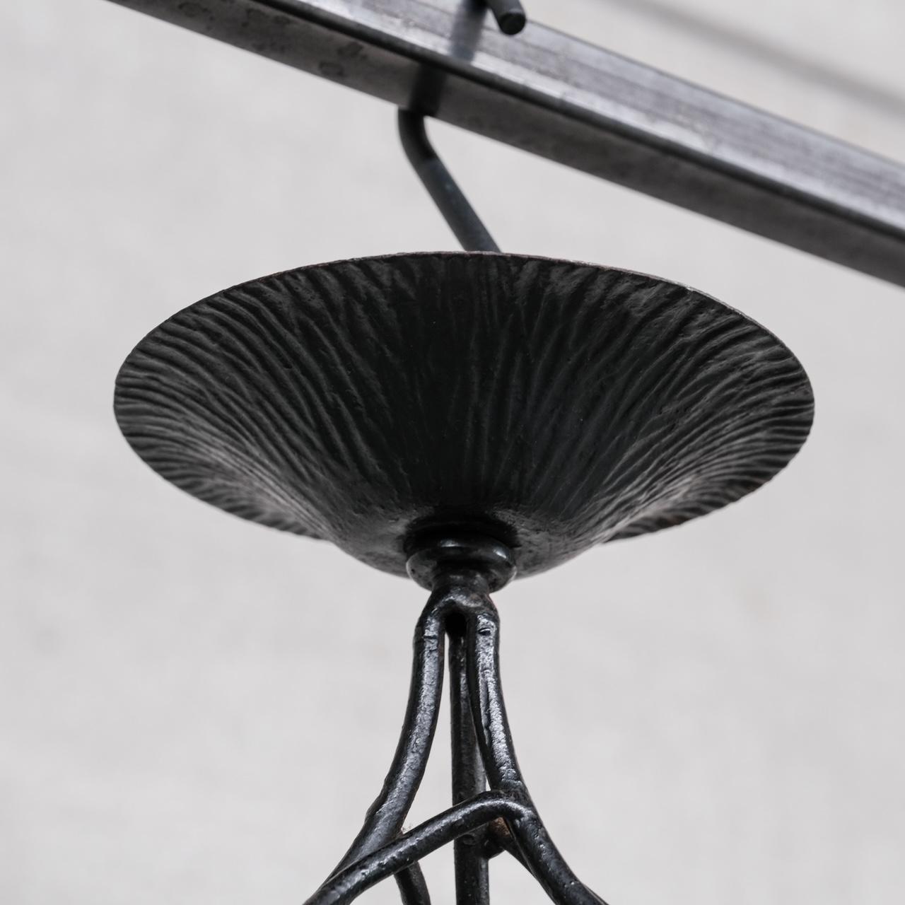 Mid-20th Century Geometric French Glass and Iron Pendant Light For Sale