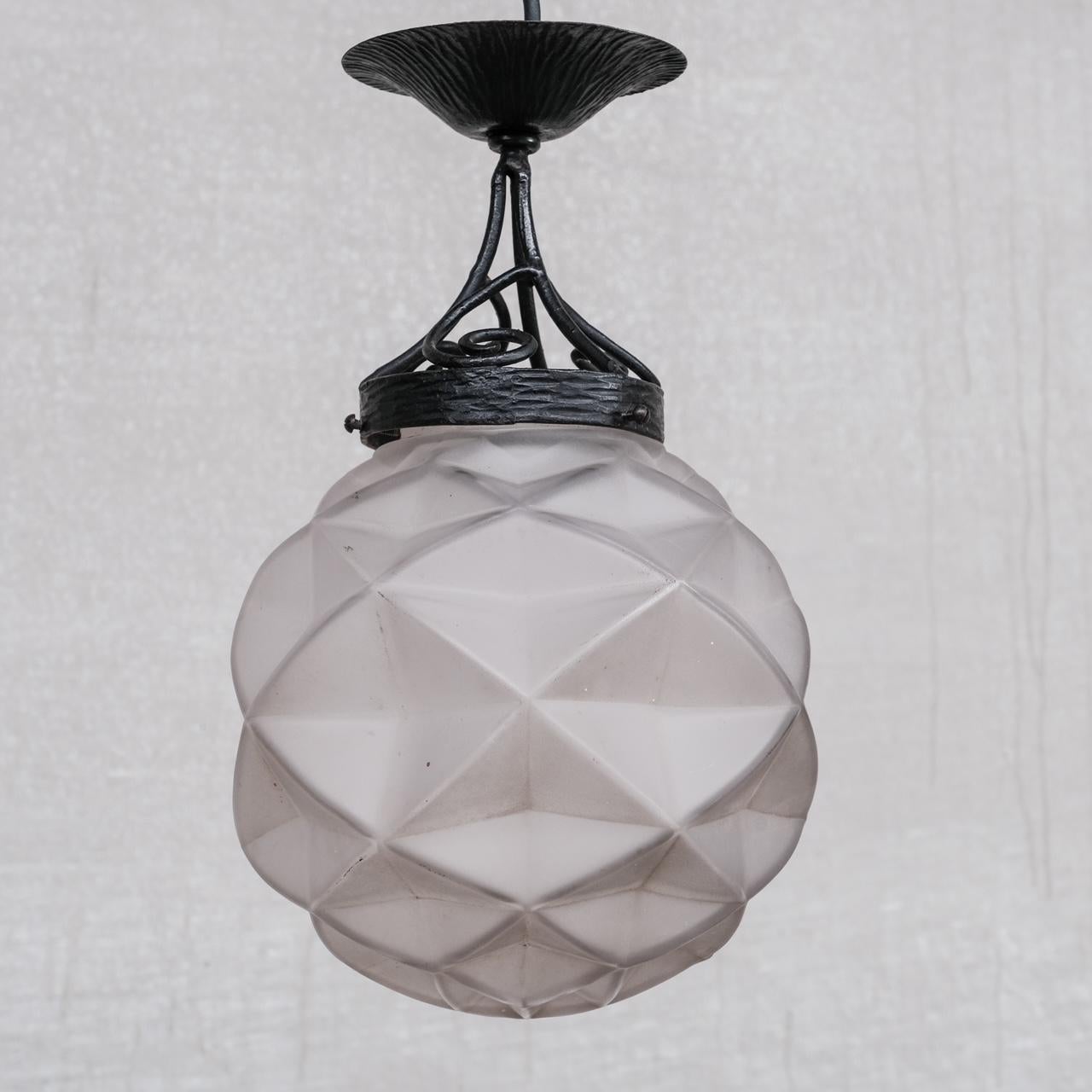 Geometric French Glass and Iron Pendant Light For Sale 1
