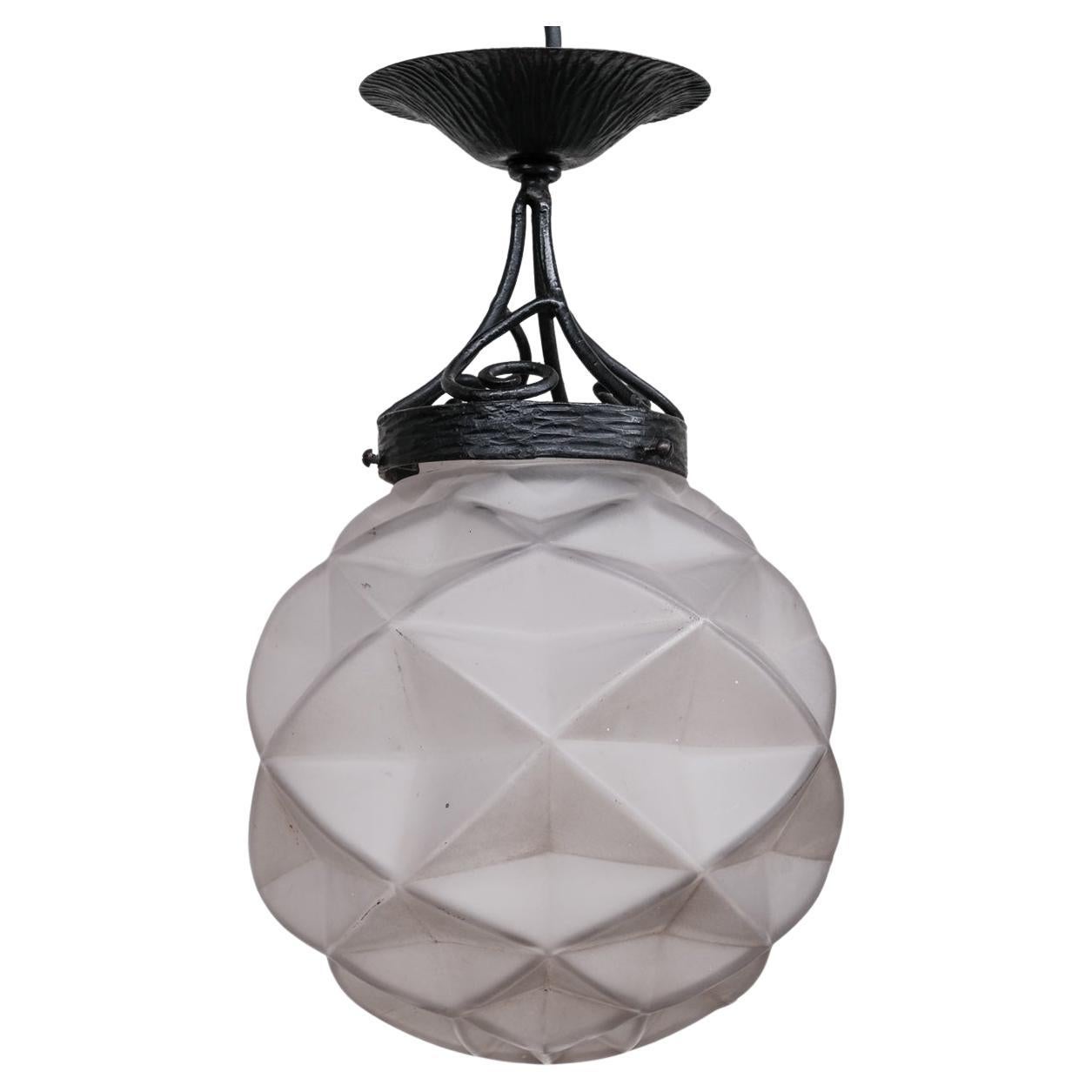 Geometric French Glass and Iron Pendant Light For Sale
