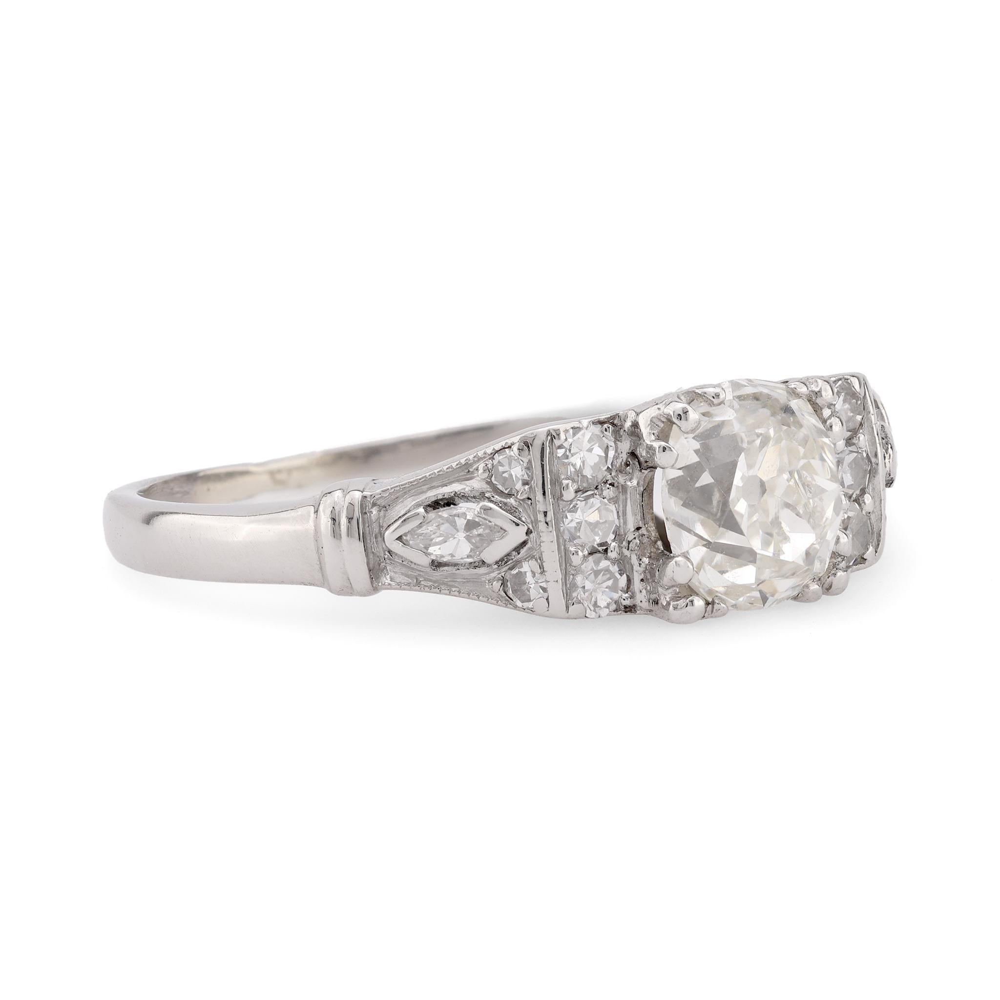 Art Deco Geometric GIA 0.98 carat old mine cut diamond platinum engagement ring For Sale