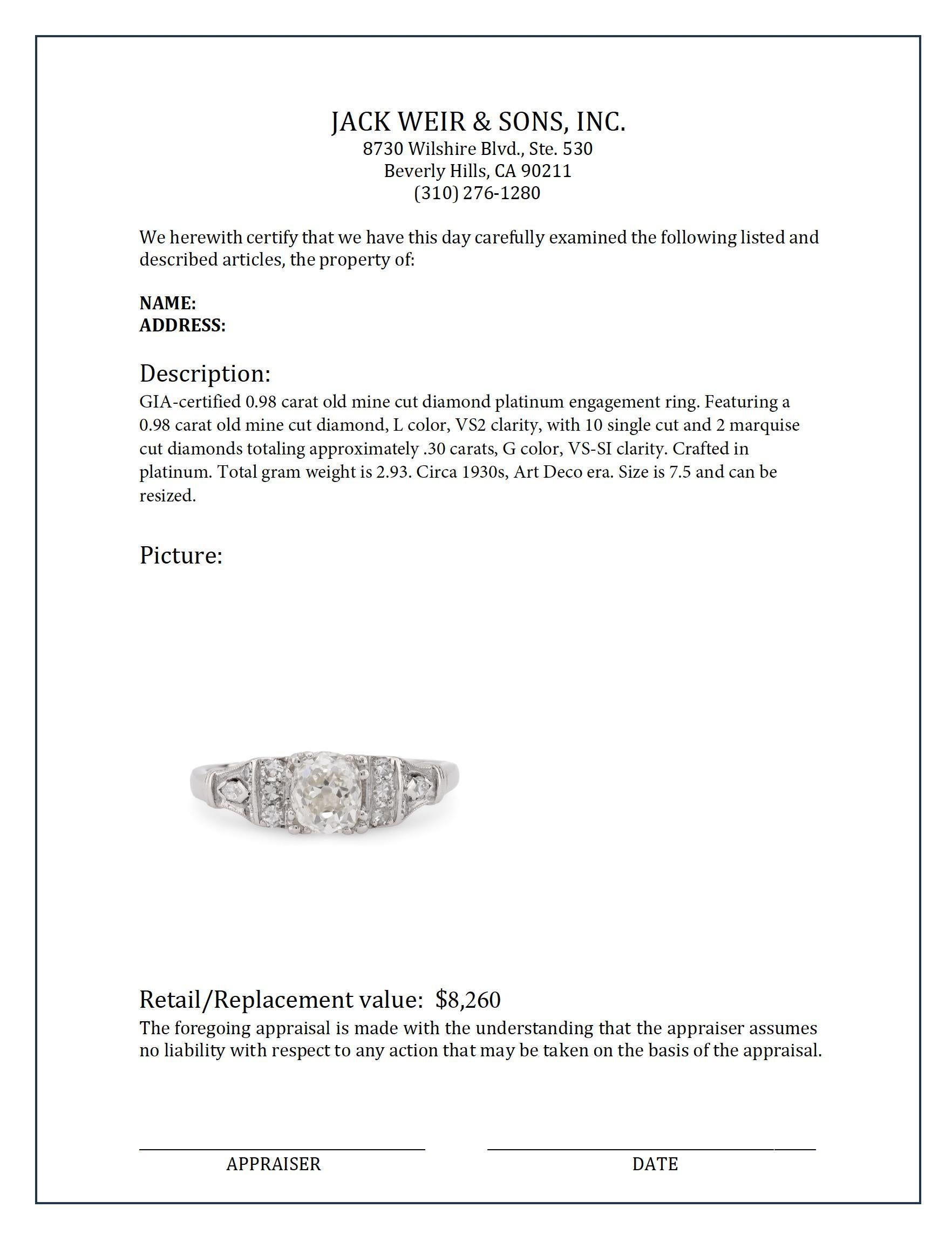 Geometric GIA 0.98 carat old mine cut diamond platinum engagement ring In Excellent Condition For Sale In Beverly Hills, CA