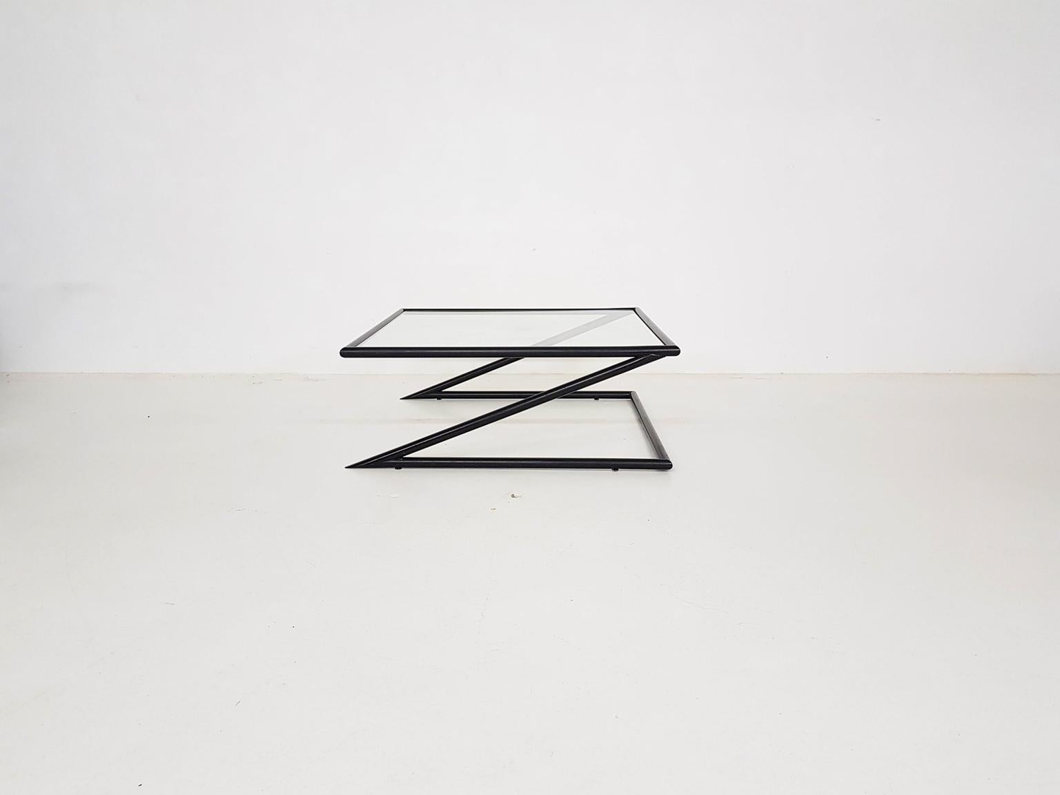 Mid-Century Modern Geometric Glass and Metal “Z” Coffee Table by Harvink, the Netherlands, 1980s