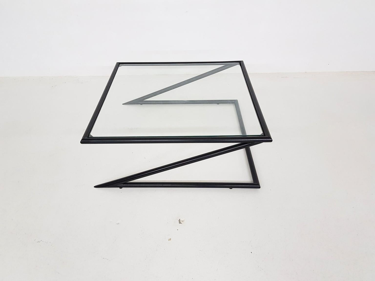 Geometric Glass and Metal “Z” Coffee Table by Harvink, the Netherlands, 1980s In Good Condition In Amsterdam, NL