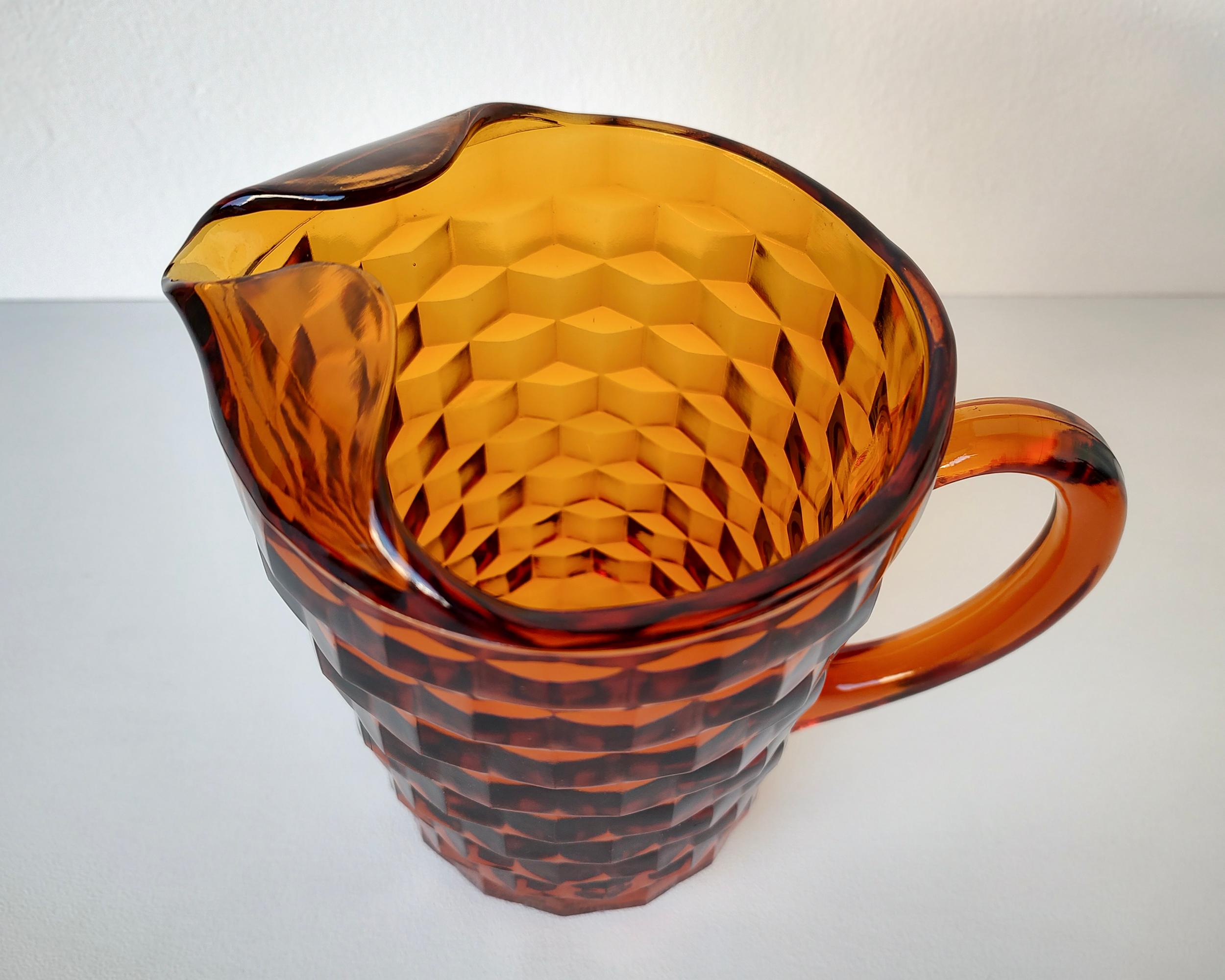 Mid-Century Modern Geometric Glass Umber Water Drink Pitcher 1970s For Sale