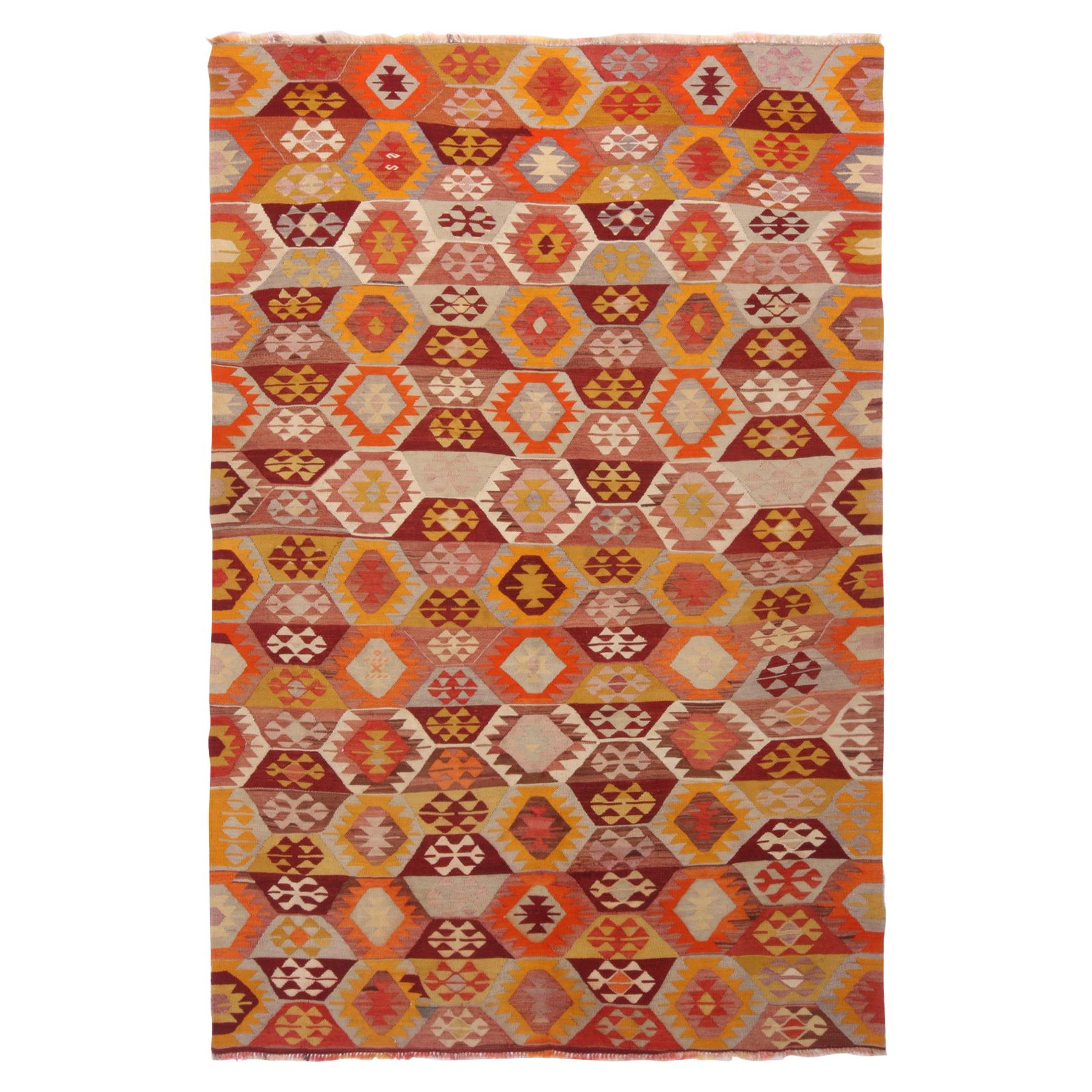 Geometric Gold-Yellow and Blue Wool Kilim Rug with Orange Accent by Rug & Kilim