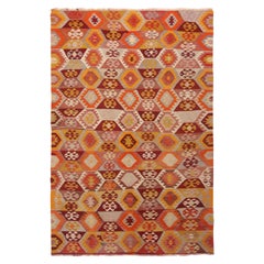 Geometric Gold-Yellow and Blue Wool Kilim Rug with Orange Accent by Rug & Kilim