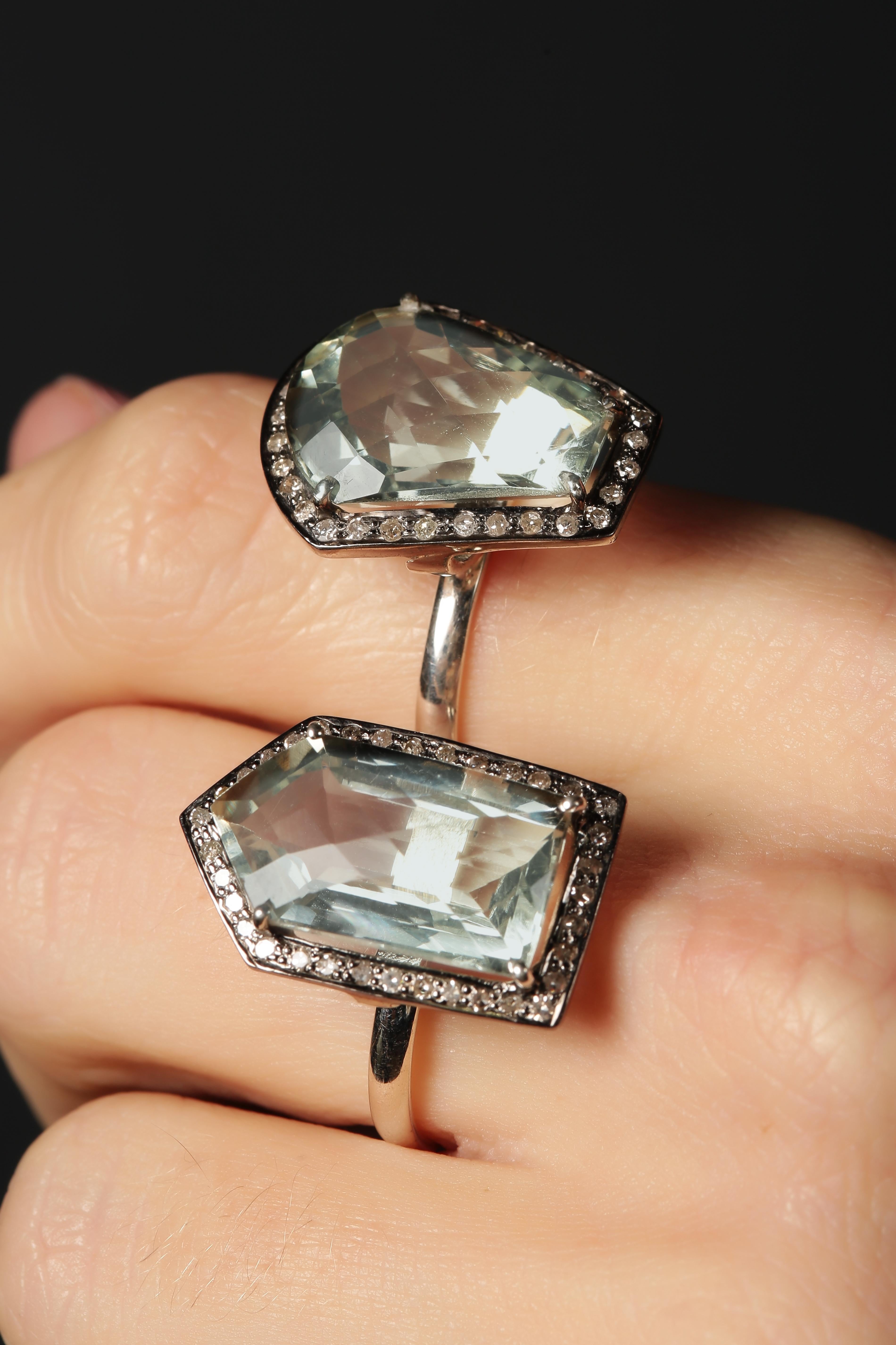 Single Cut Geometric Green Amethyst & Diamond Adjustable Ring