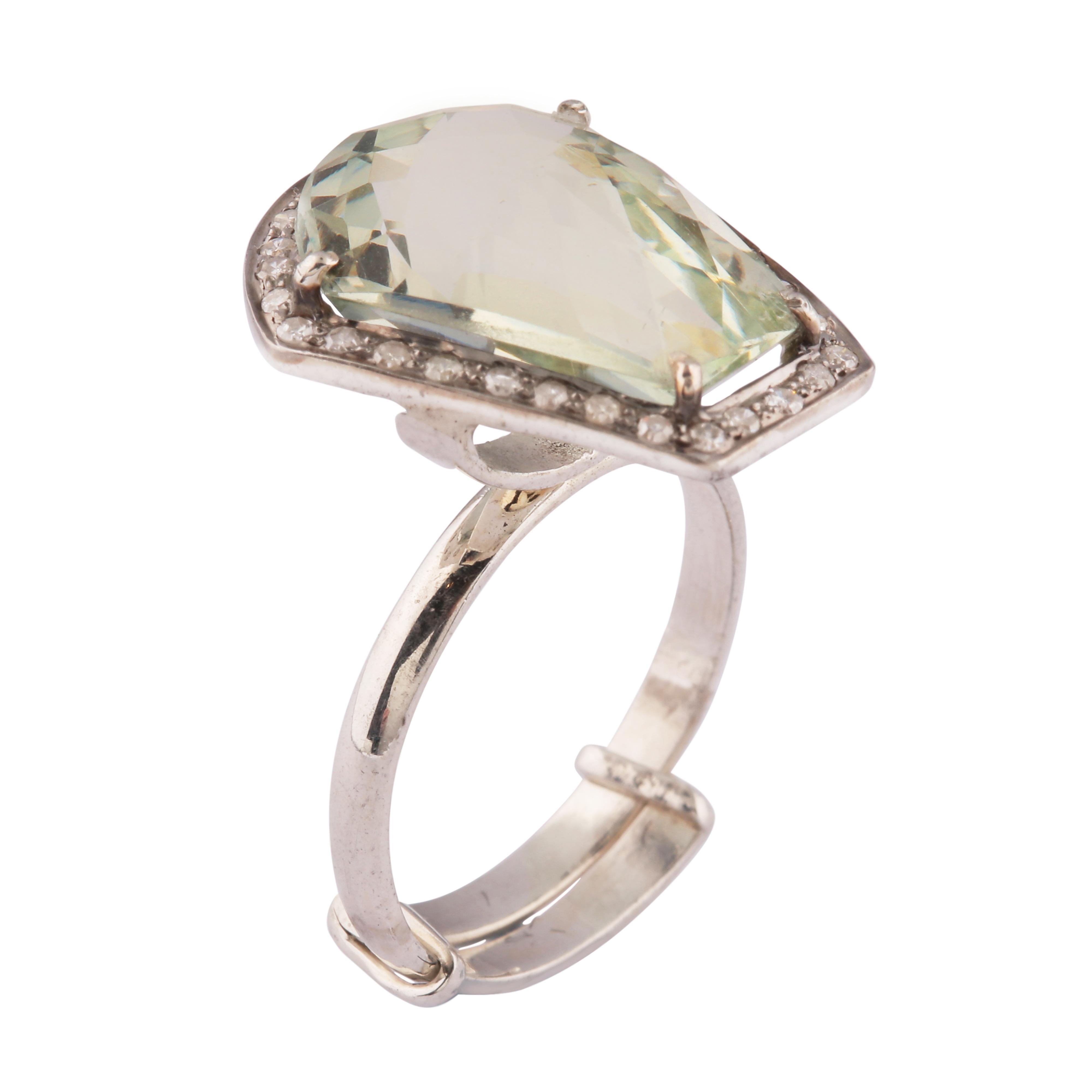 Women's or Men's Geometric Green Amethyst & Diamond Adjustable Ring
