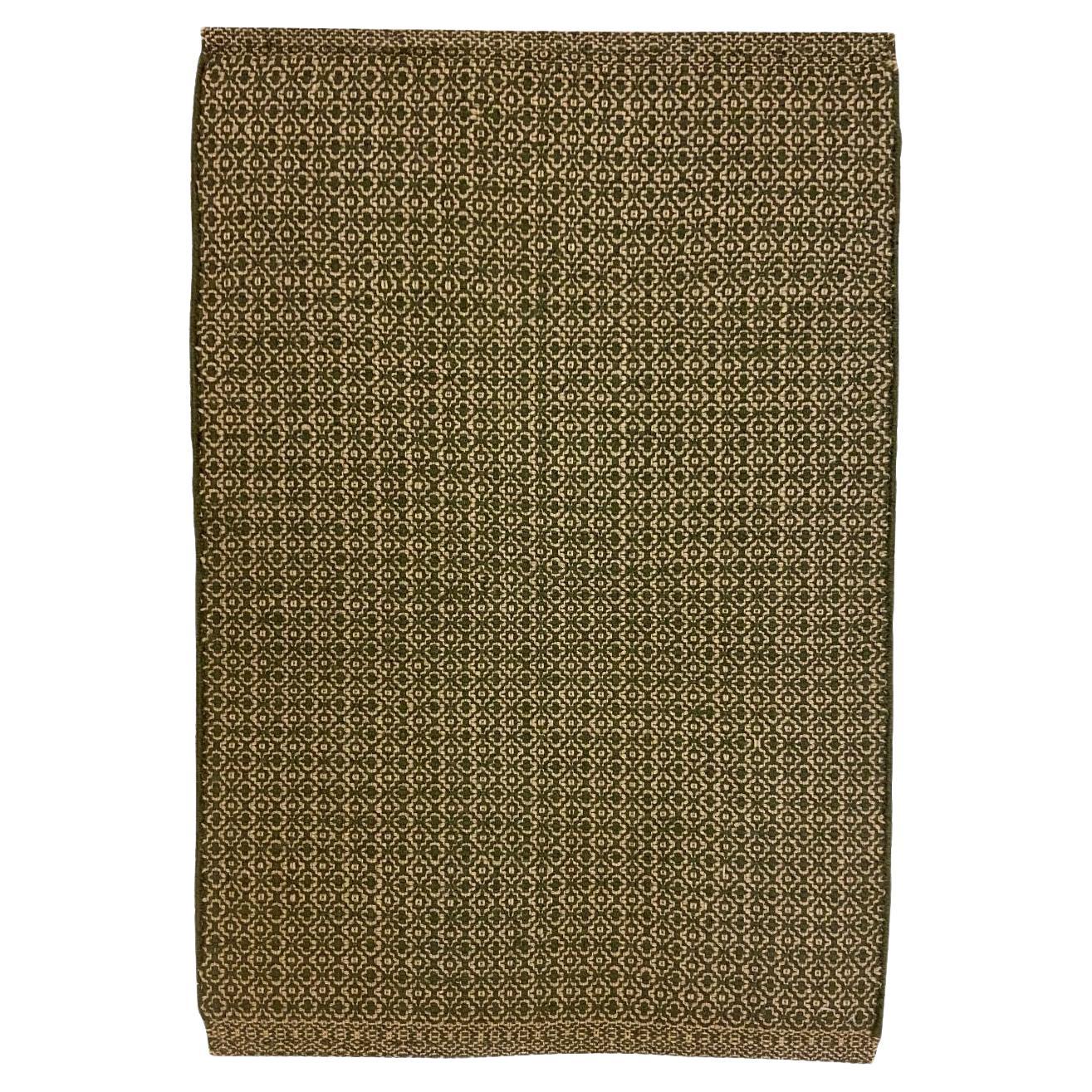 Geometric Green and Cream Wool Flatweave Organic Modern Rug, 2' x 4'
