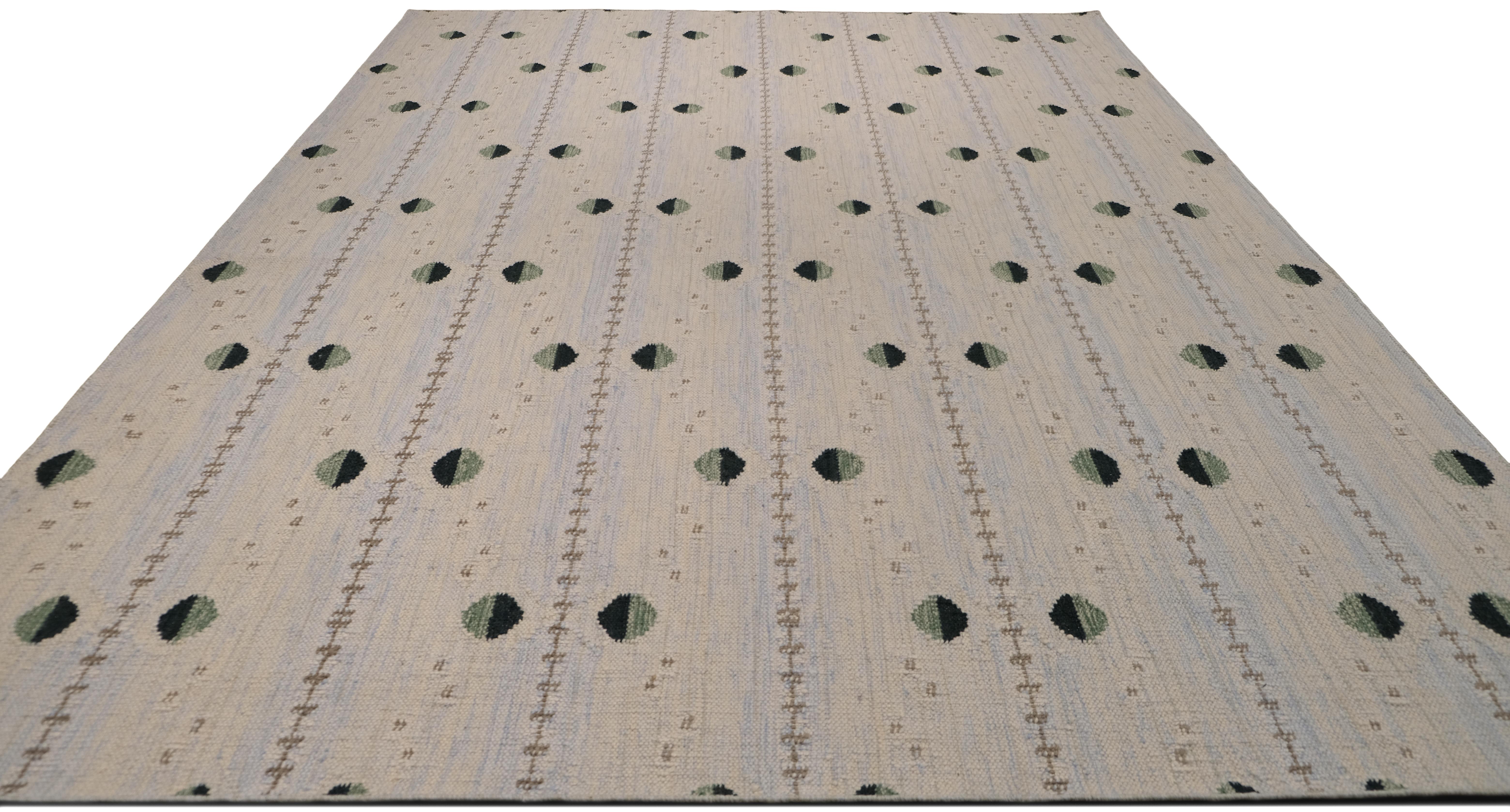 Geometrischer Flachgewebe-Teppich 9'x12'2'' in Grün, Blau, Punkt & Linie, gemustert (Moderne) im Angebot
