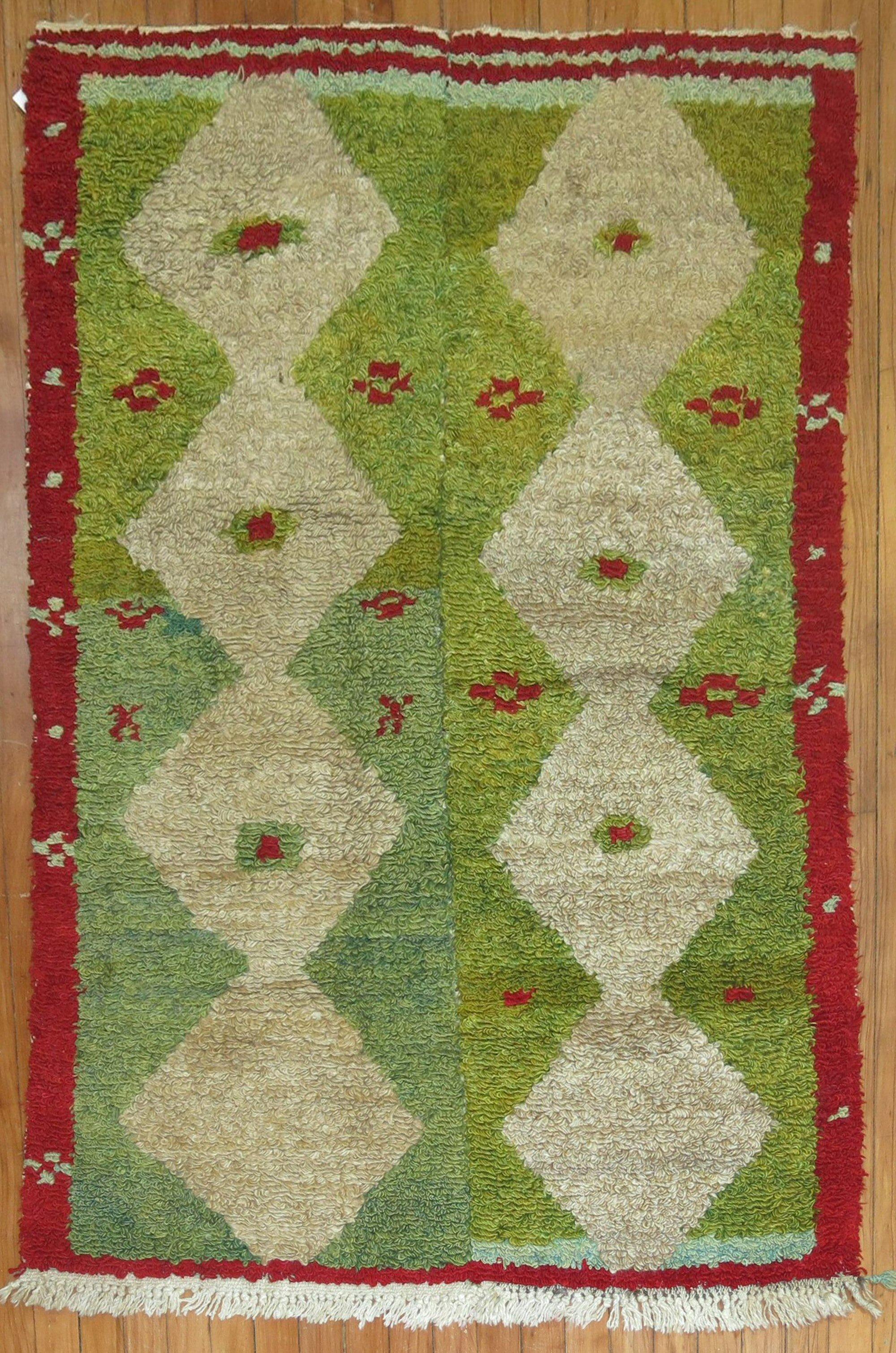 Hand-Woven Geometric Green Red Vintage Turkish Shag Rug For Sale