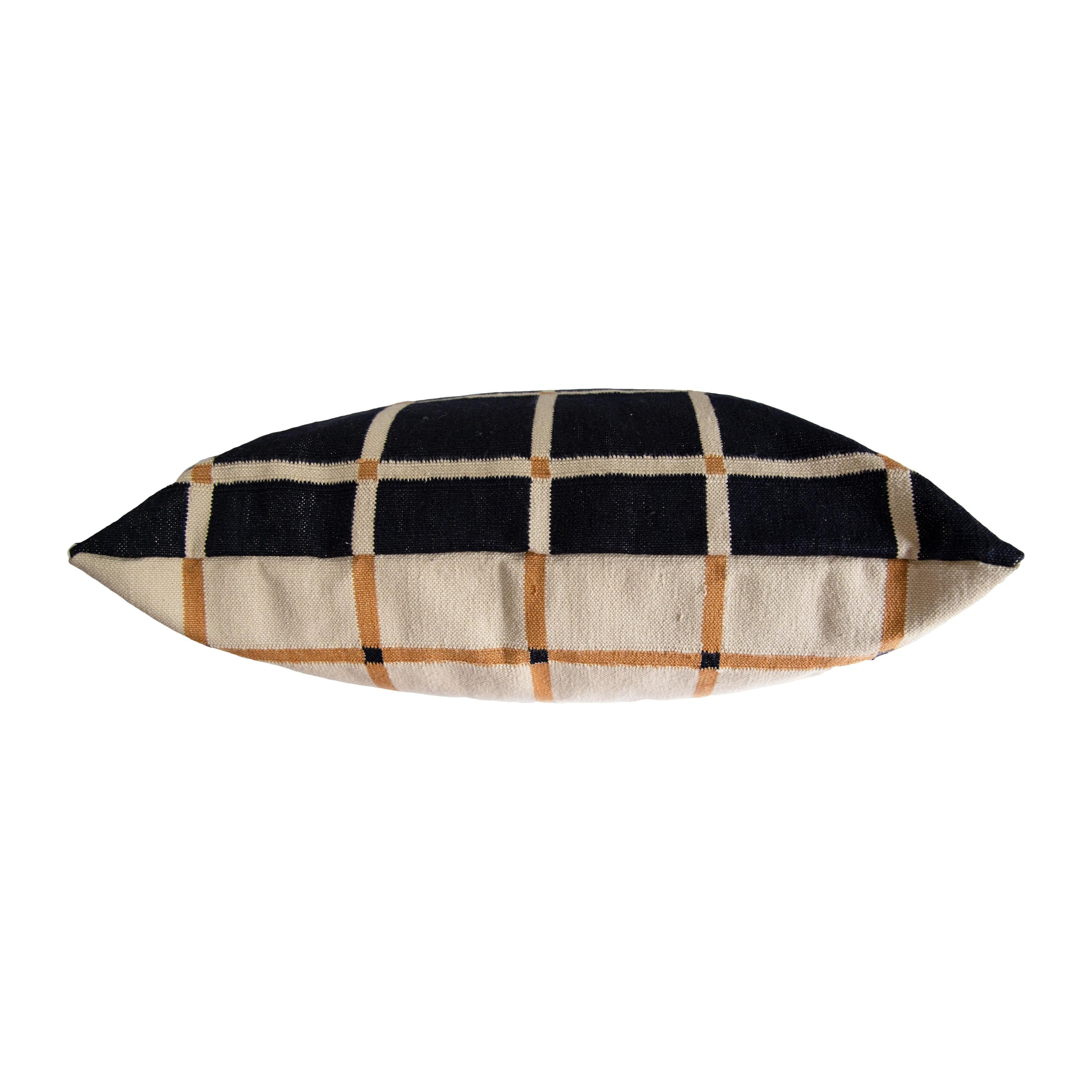 Modern Geometric Grid Pillow, Reversible Black + Tan