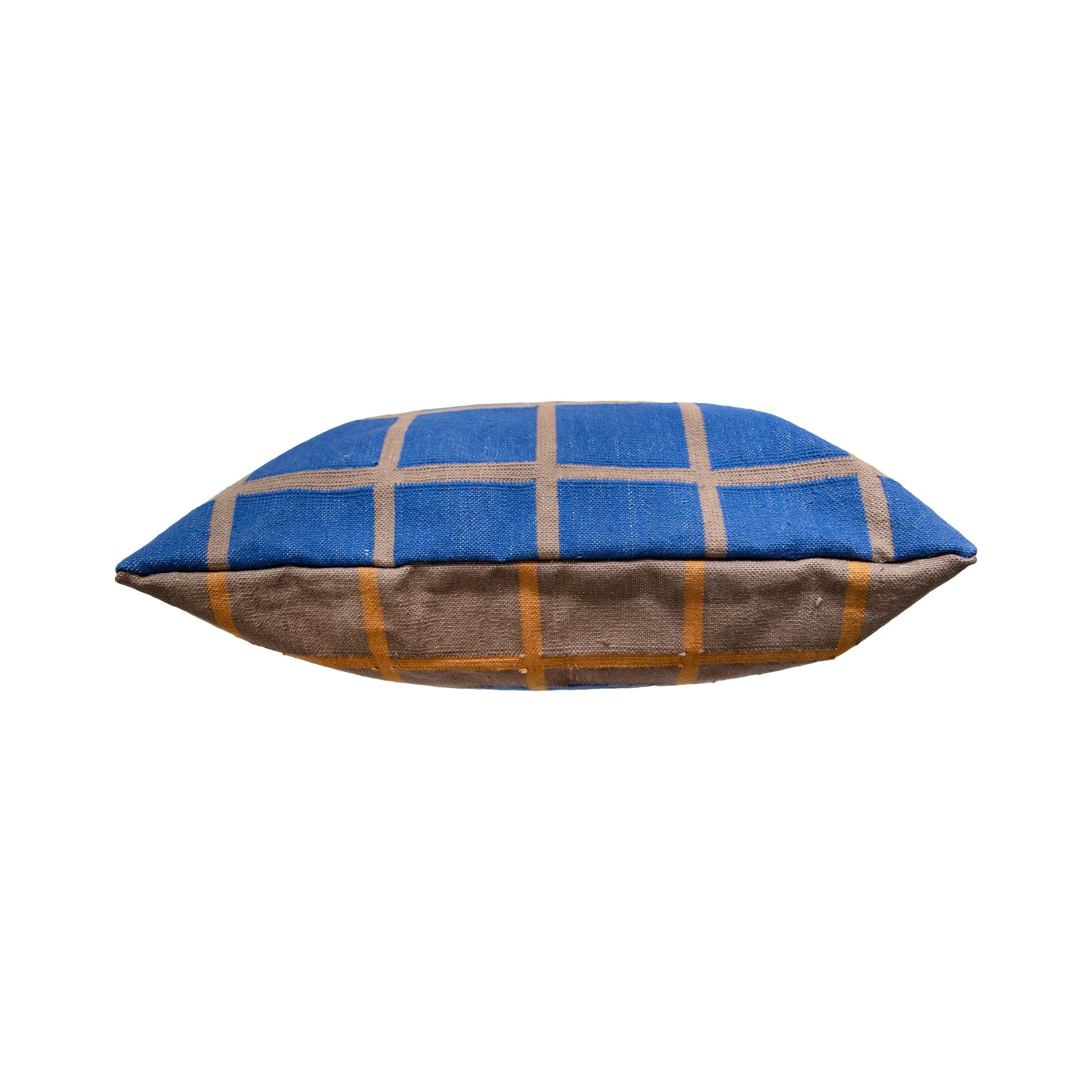 Modern Geometric Grid Pillow, Reversible Blue + Grey For Sale
