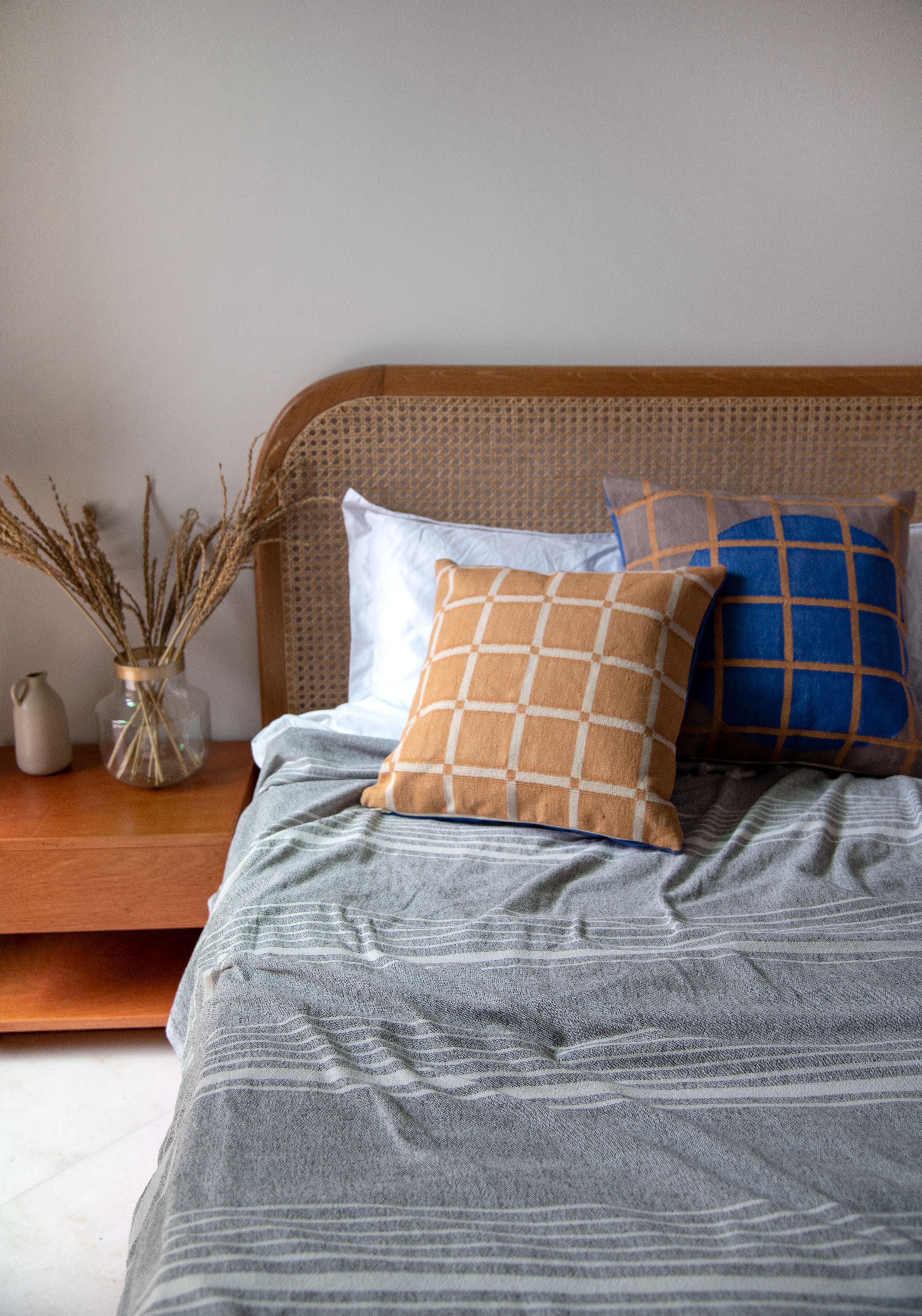 Indian Geometric Grid Pillow, Reversible Blue + Grey