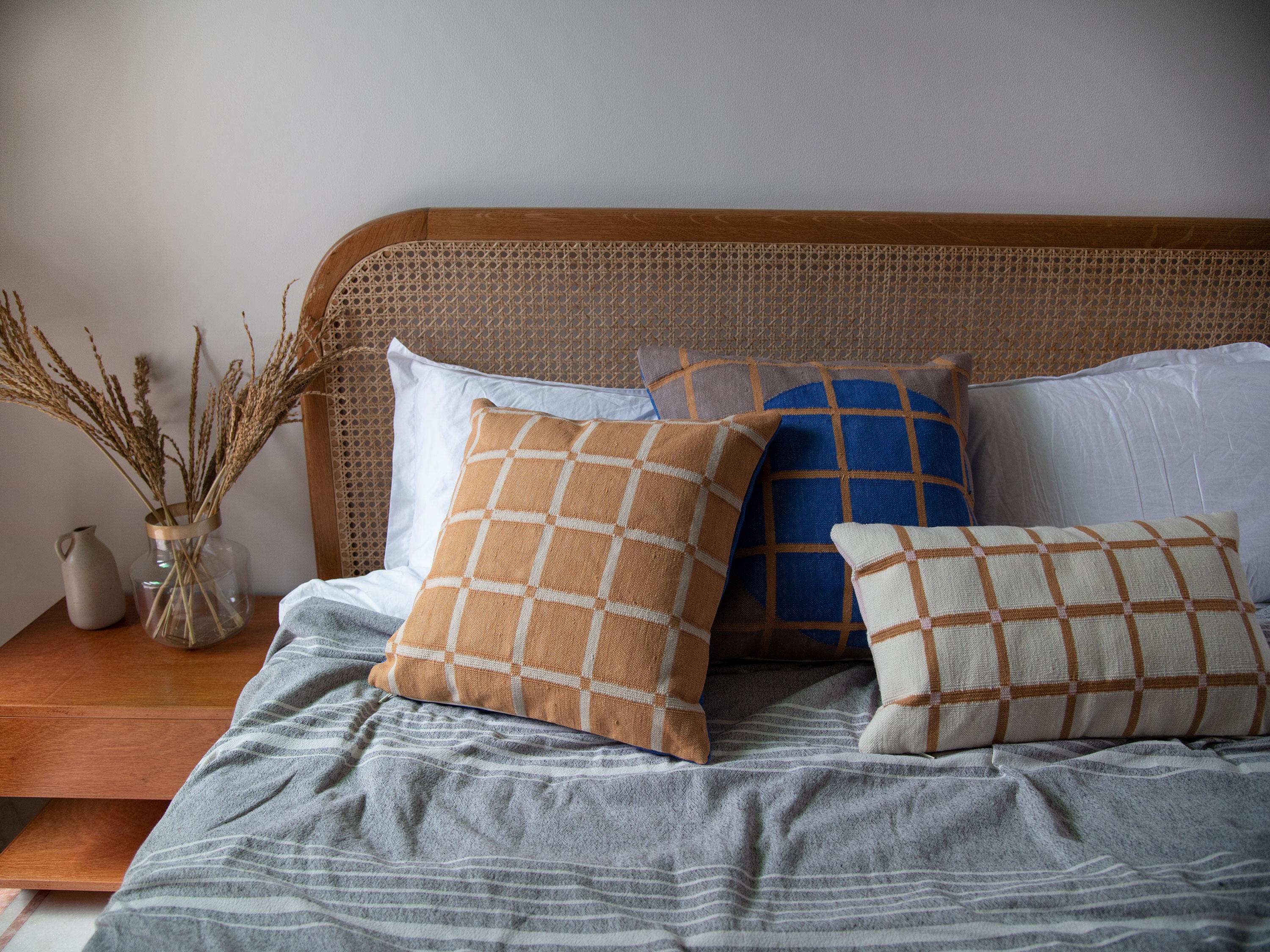 Hand-Woven Geometric Grid Pillow, Reversible Blue + Grey For Sale