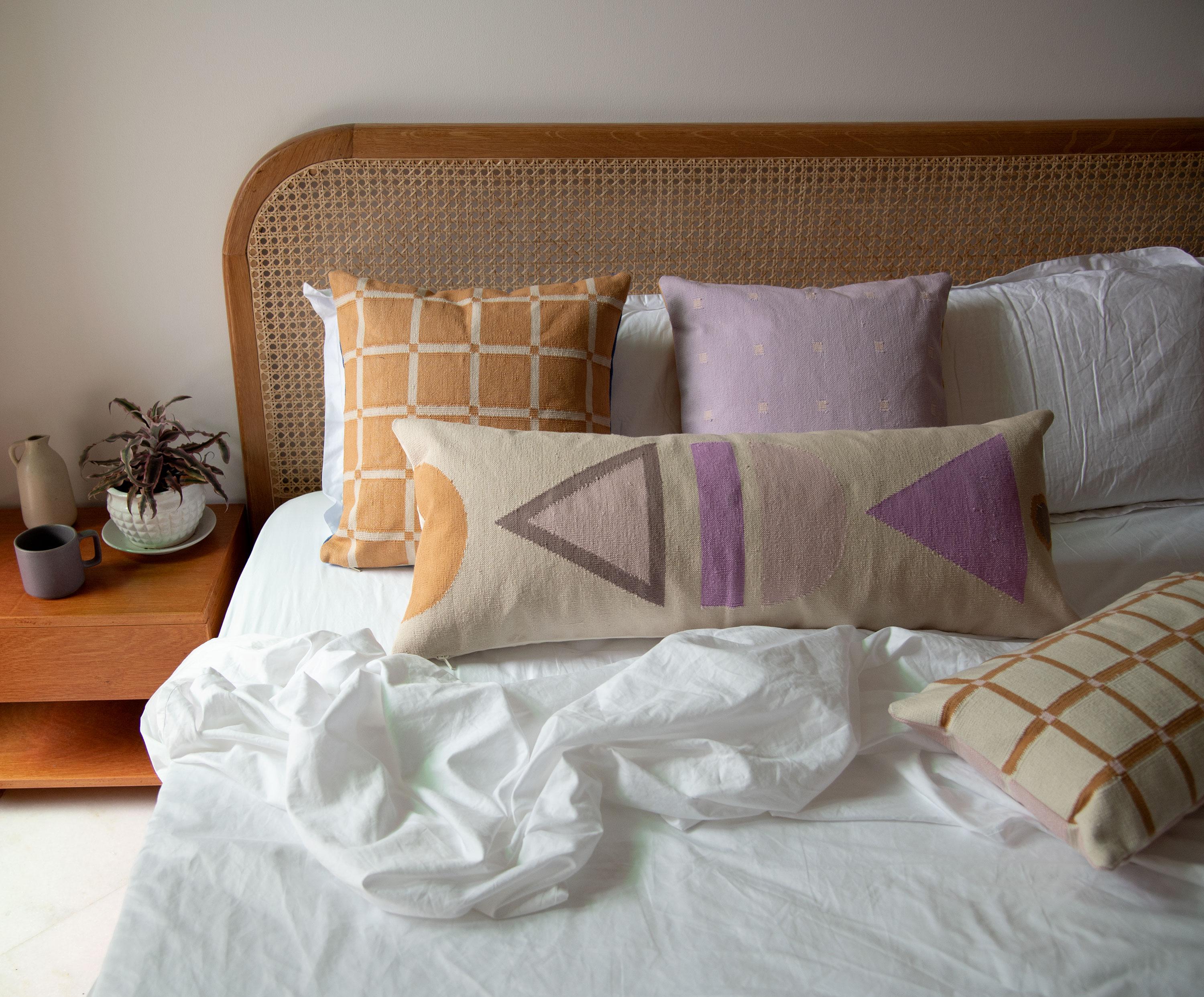 Hand-Woven Geometric Grid Pillow, Reversible Marmalade + Lilac