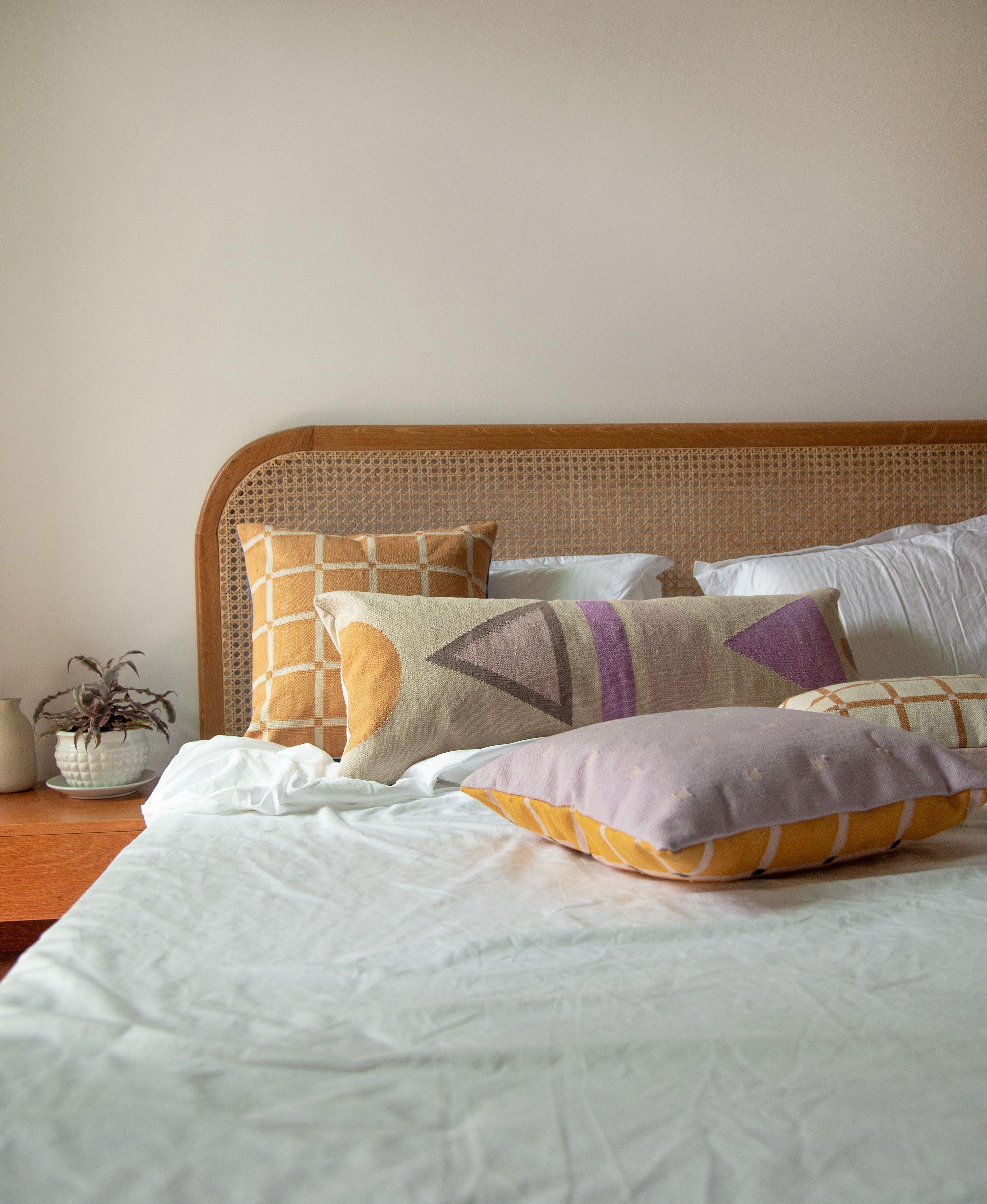 Cotton Geometric Grid Pillow, Reversible Marmalade + Lilac