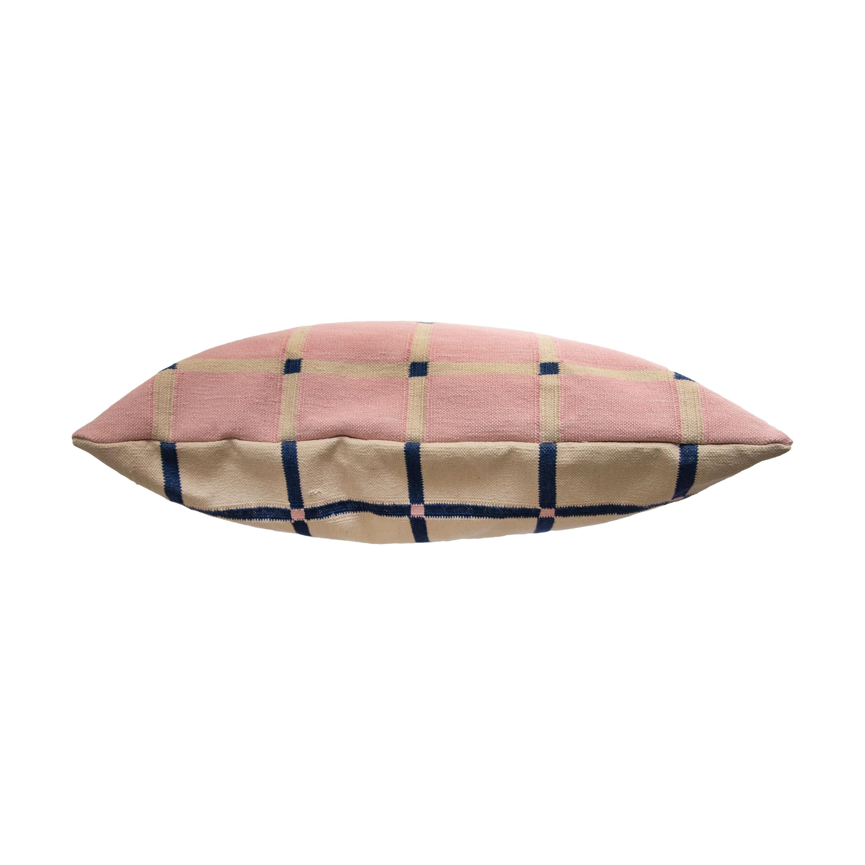 Modern Geometric Grid Pillow, Reversible Navy + Pink