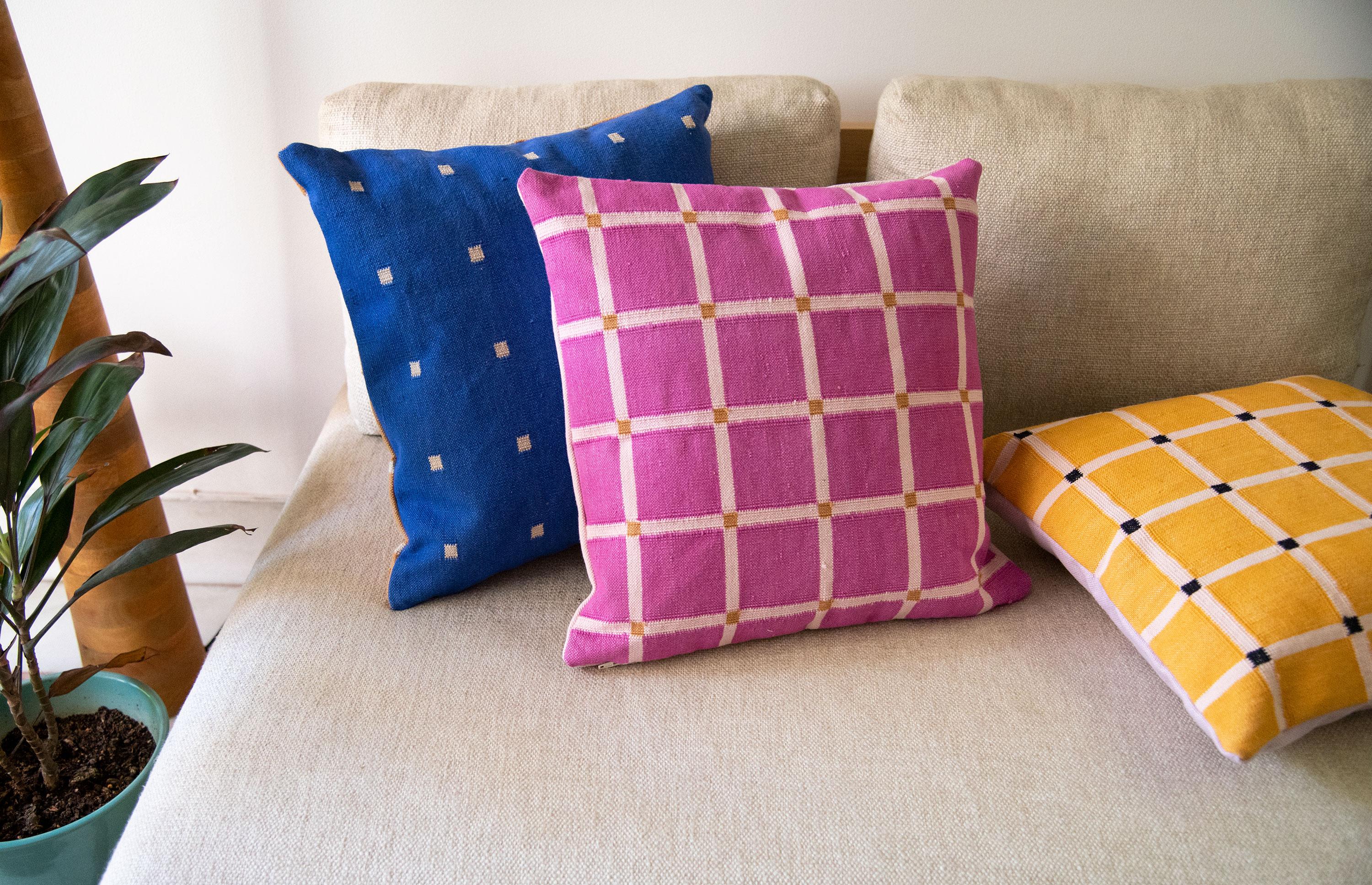 Indian Geometric Grid Pillow, Reversible Pink