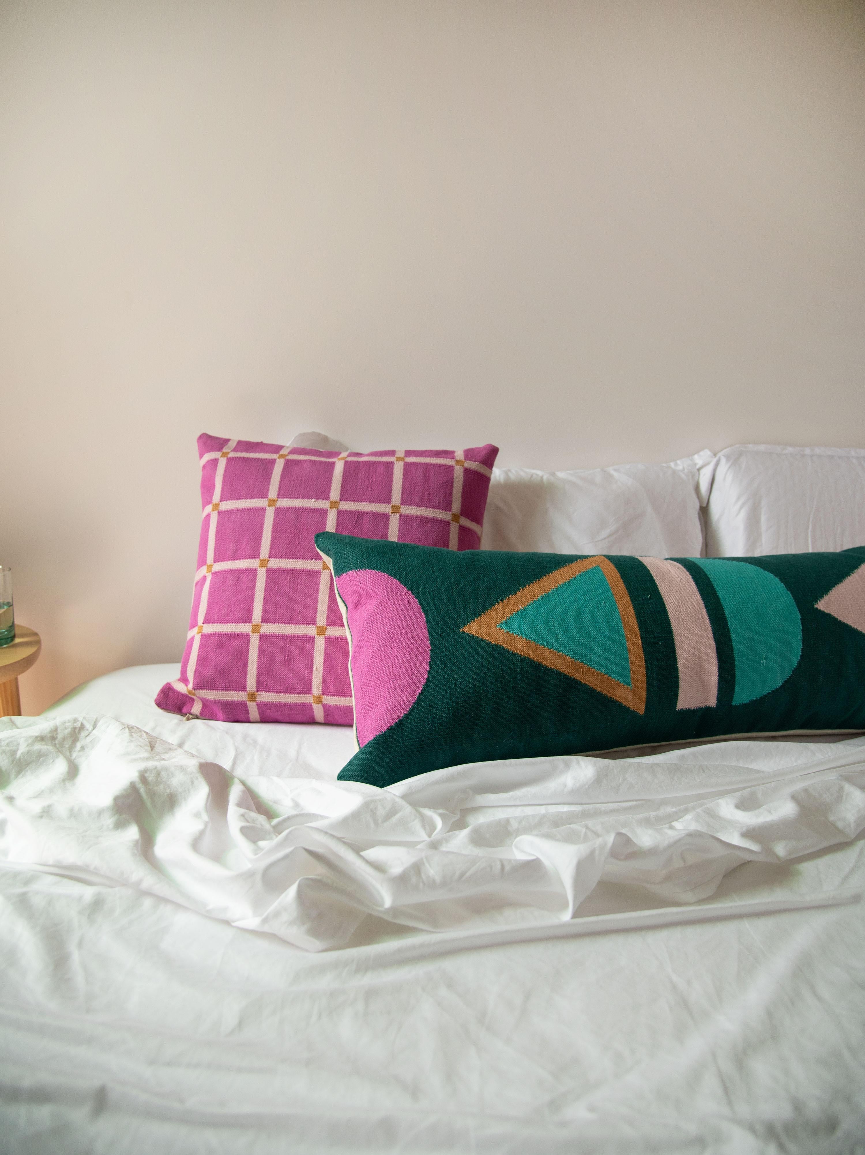 Geometric Grid Pillow, Reversible Pink In New Condition In Westfield, NJ