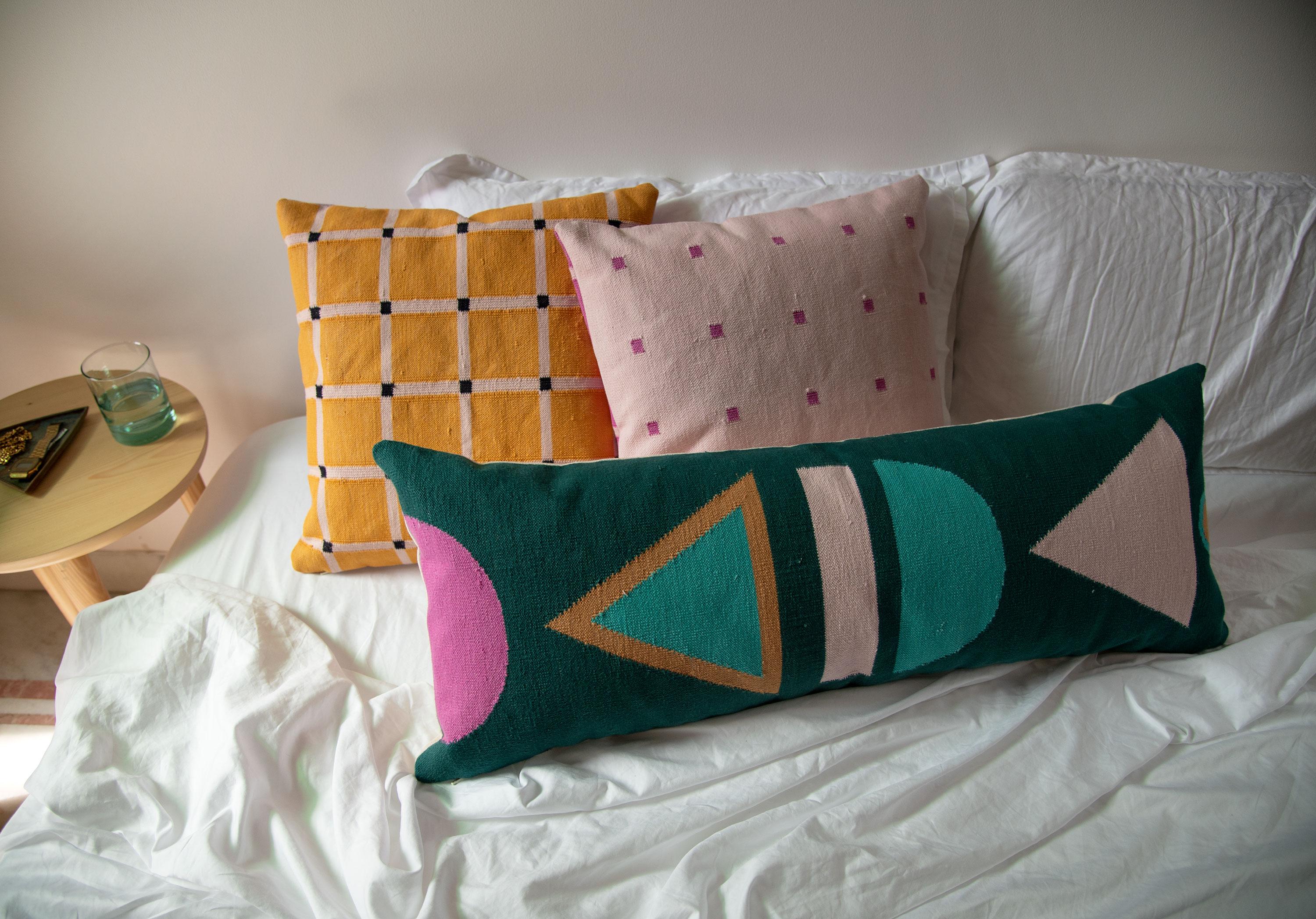 Cotton Geometric Grid Pillow, Reversible Pink