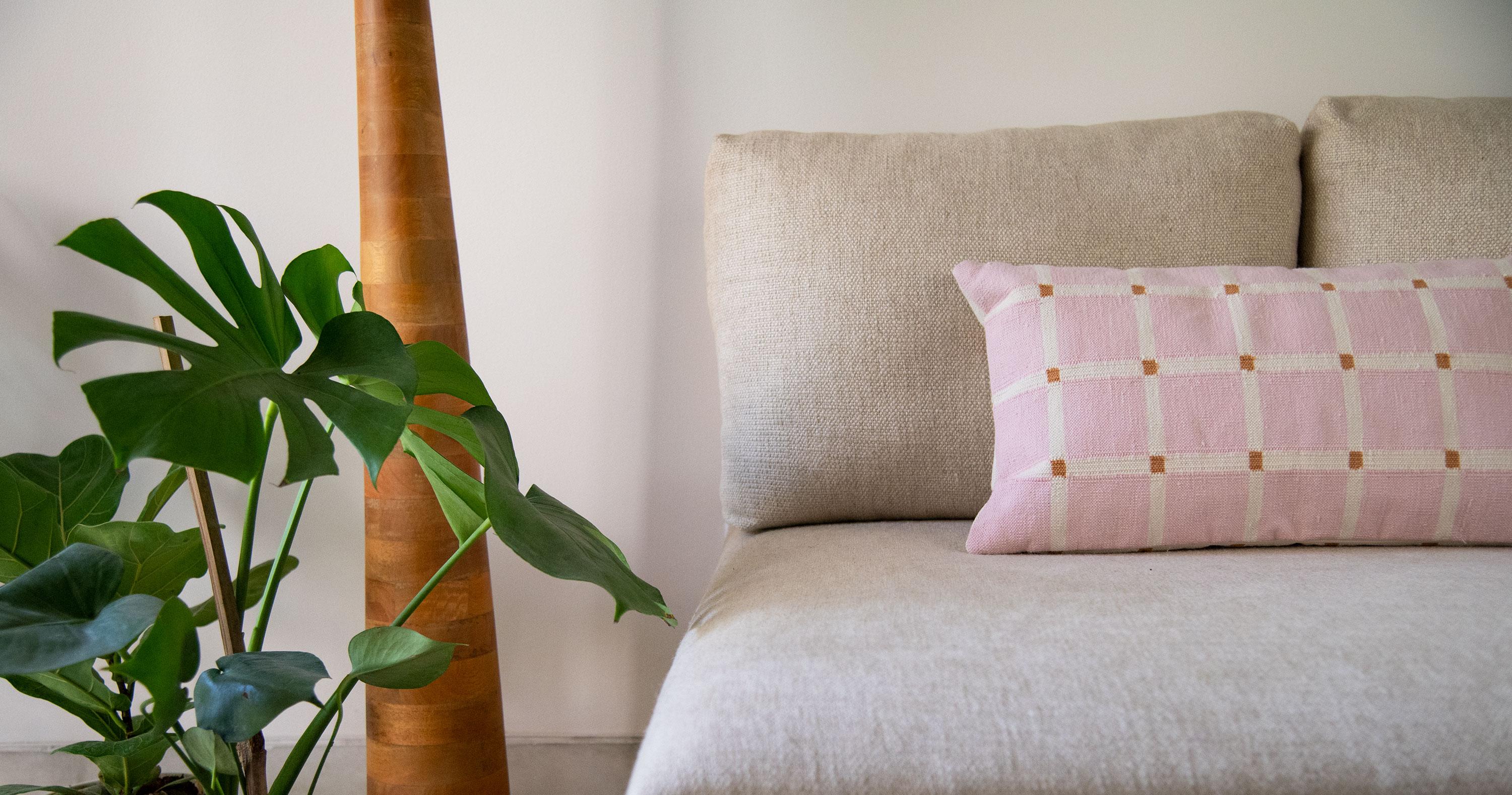 Indian Geometric Grid Pillow, Reversible Pink + Ochre