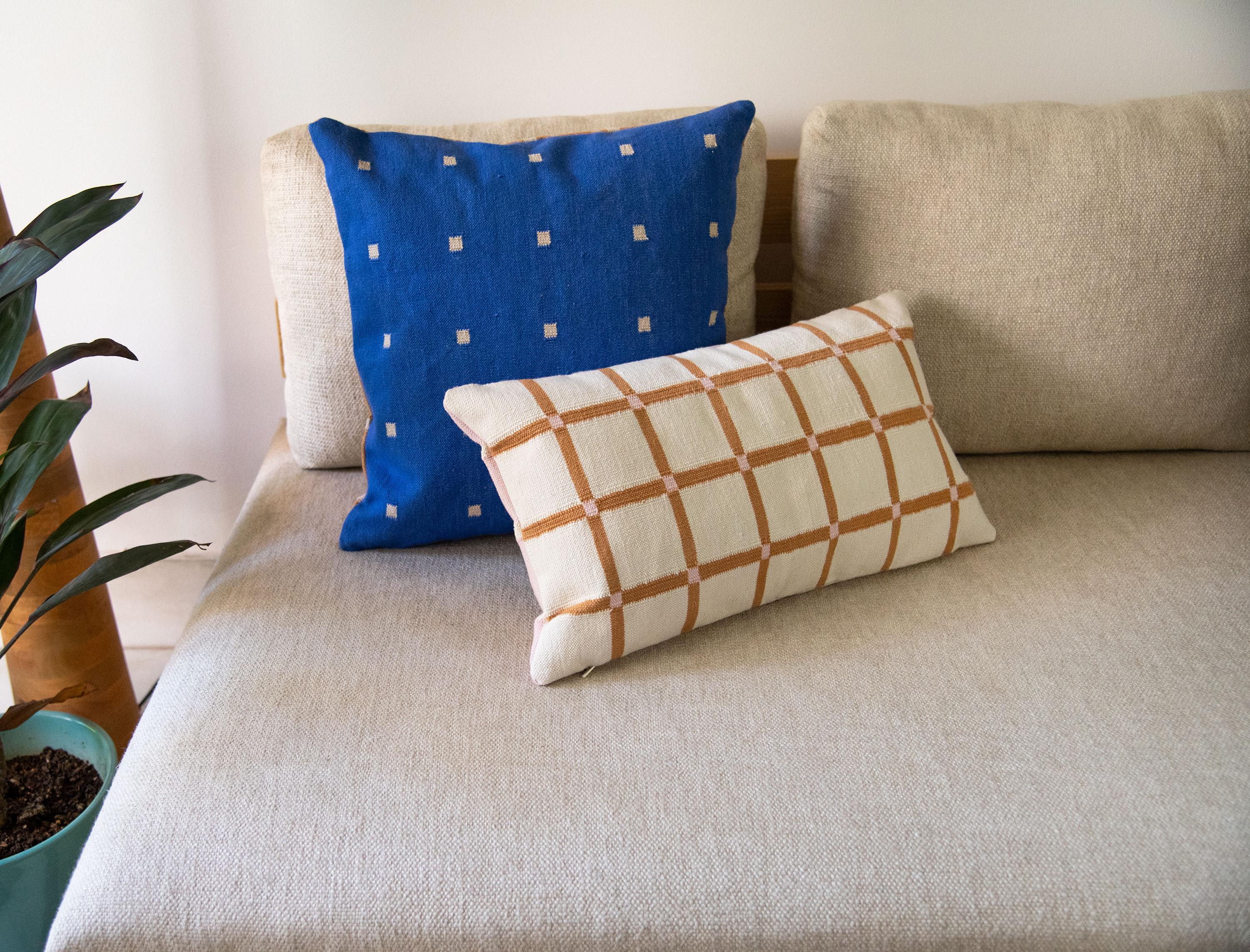 Cotton Geometric Grid Pillow, Reversible Pink + Ochre