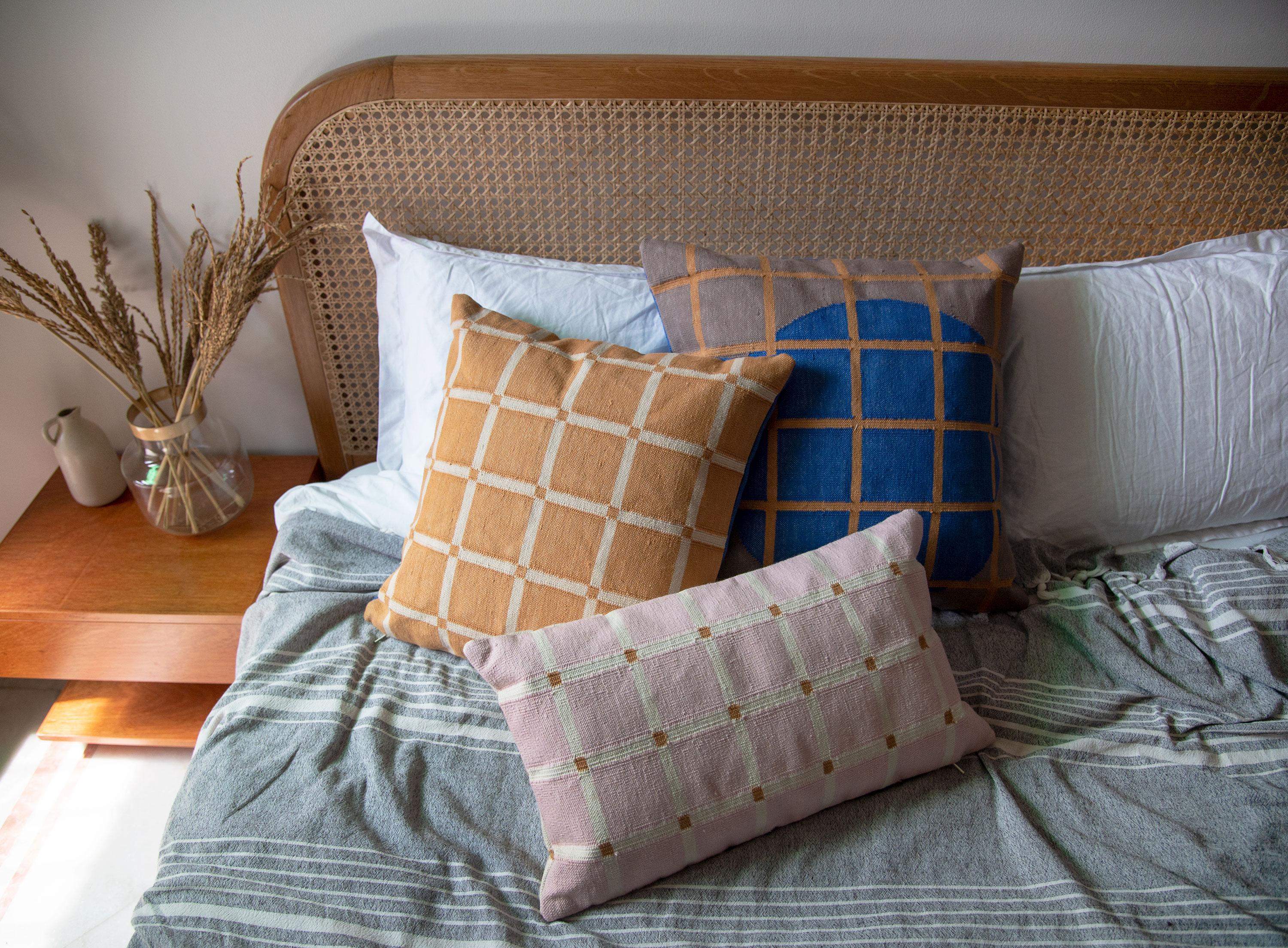 Geometric Grid Pillow, Reversible Pink + Ochre 1