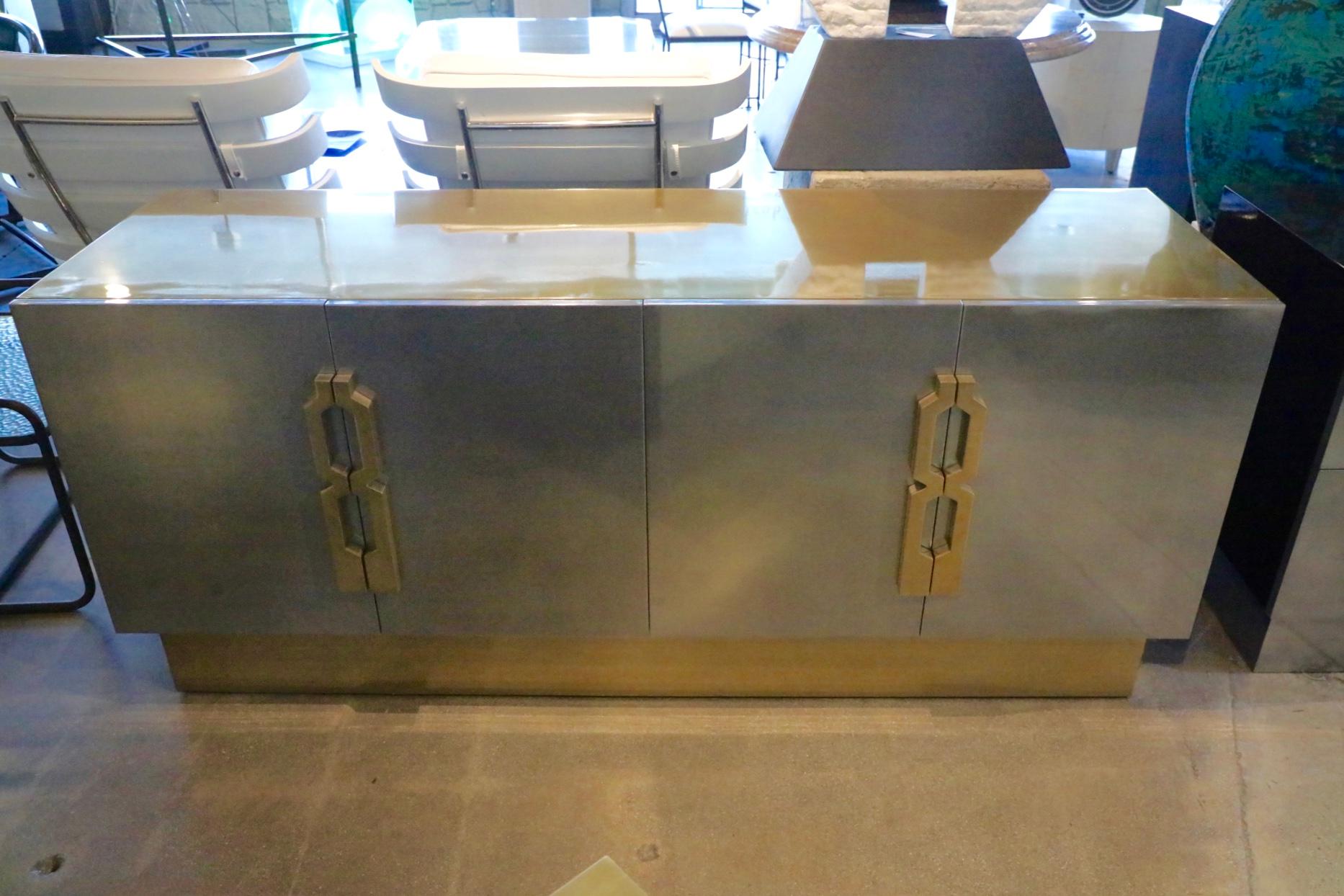 Contemporary Geometric Handled Stainless and Brass Credenza