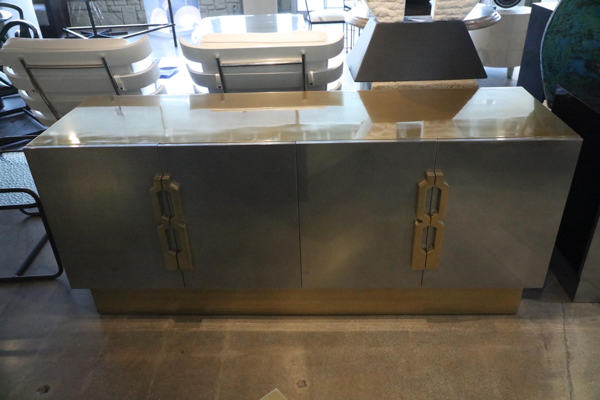 Wood Geometric Handled Stainless and Brass Credenza