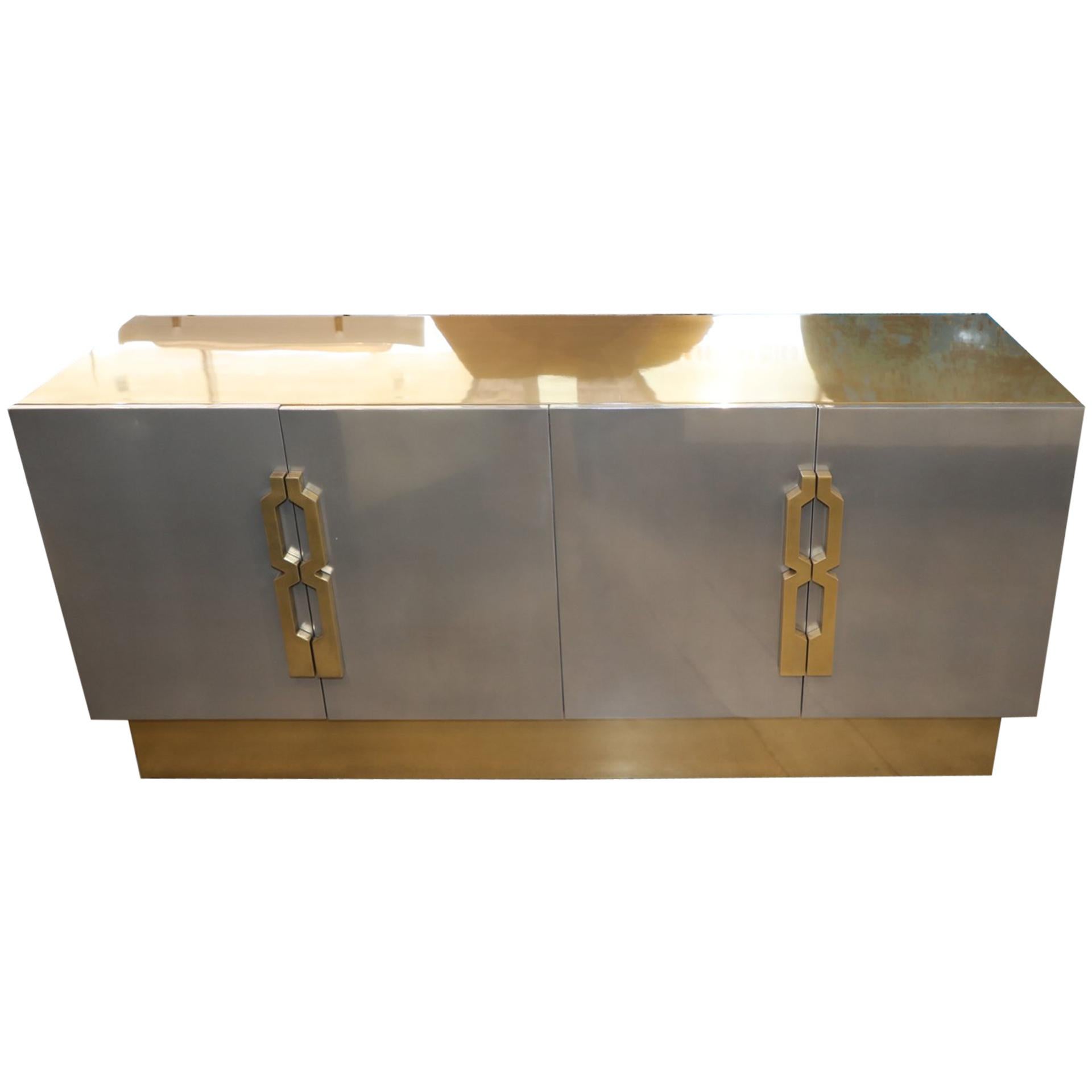 Geometric Handled Stainless and Brass Credenza