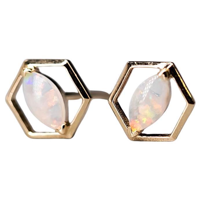 Geometric Hexagon Shaped Australian Solid Opal Stud Earrings 14K Yellow Gold