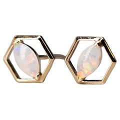 Geometric Hexagon Shaped Australian Solid Opal Stud Earrings 14K Yellow Gold Geometric Hexagon Shaped Australian Solid Opal Stud Earrings 14K Yellow Gold
