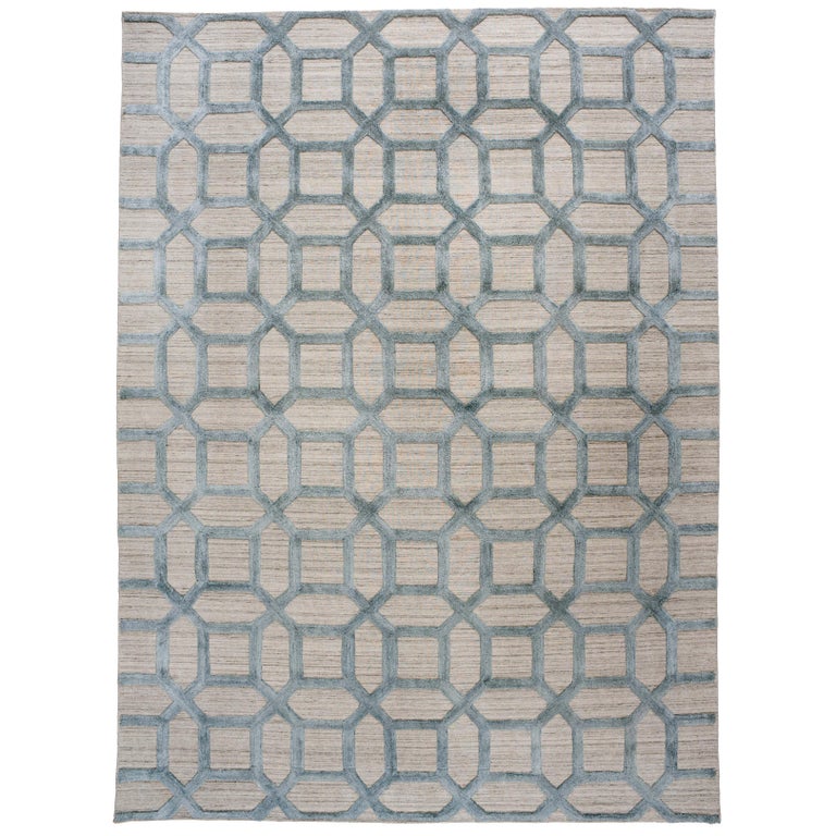Geometrische hoch niedrig zeitgenössische Teppich in blauem Leinen 1