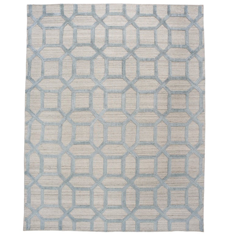 Geometrische hoch niedrig zeitgenössische Teppich in blauem Leinen 1