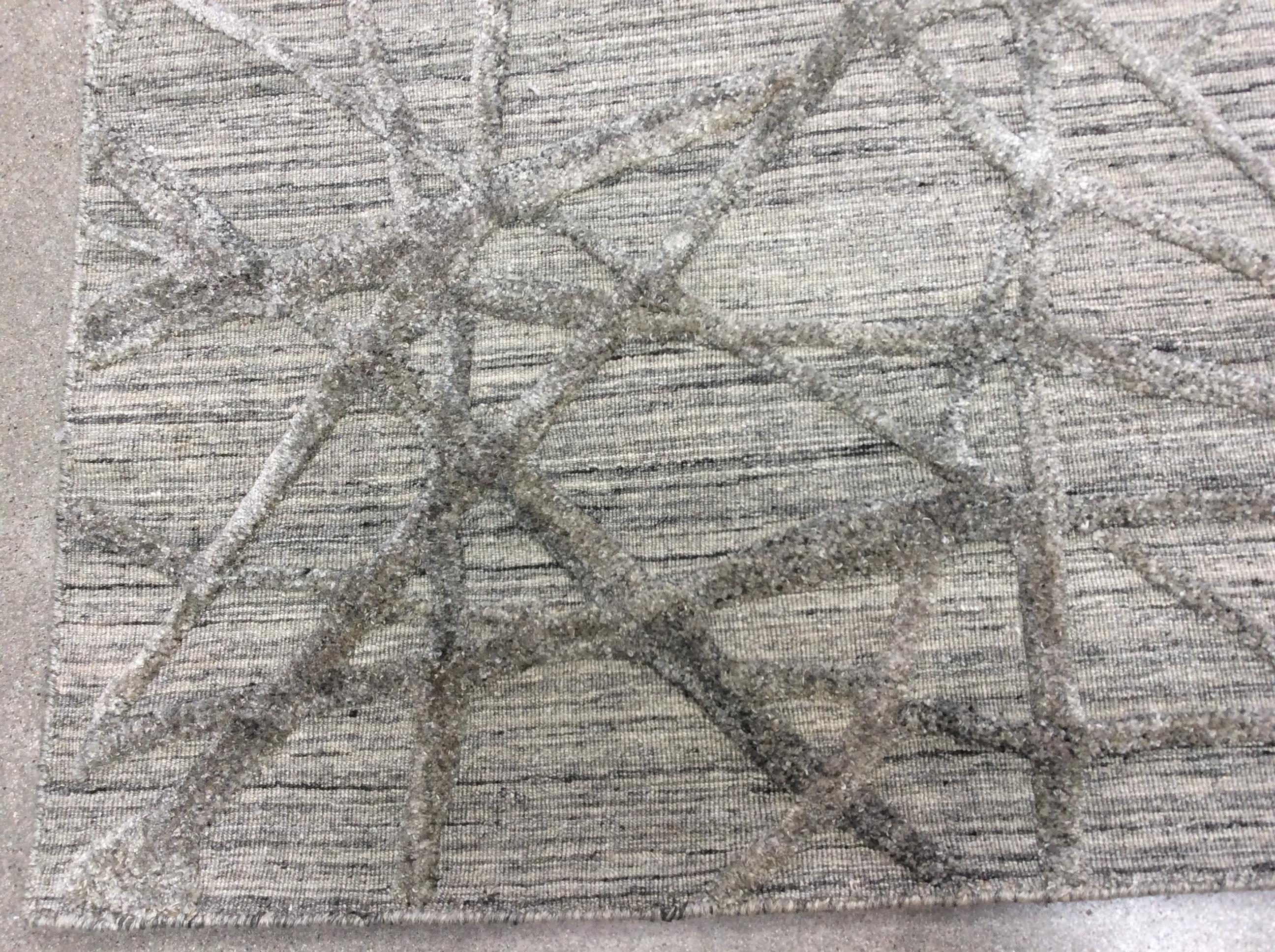 Hand-Knotted Geometric High Low Contemporary Rug in Taupe For Sale