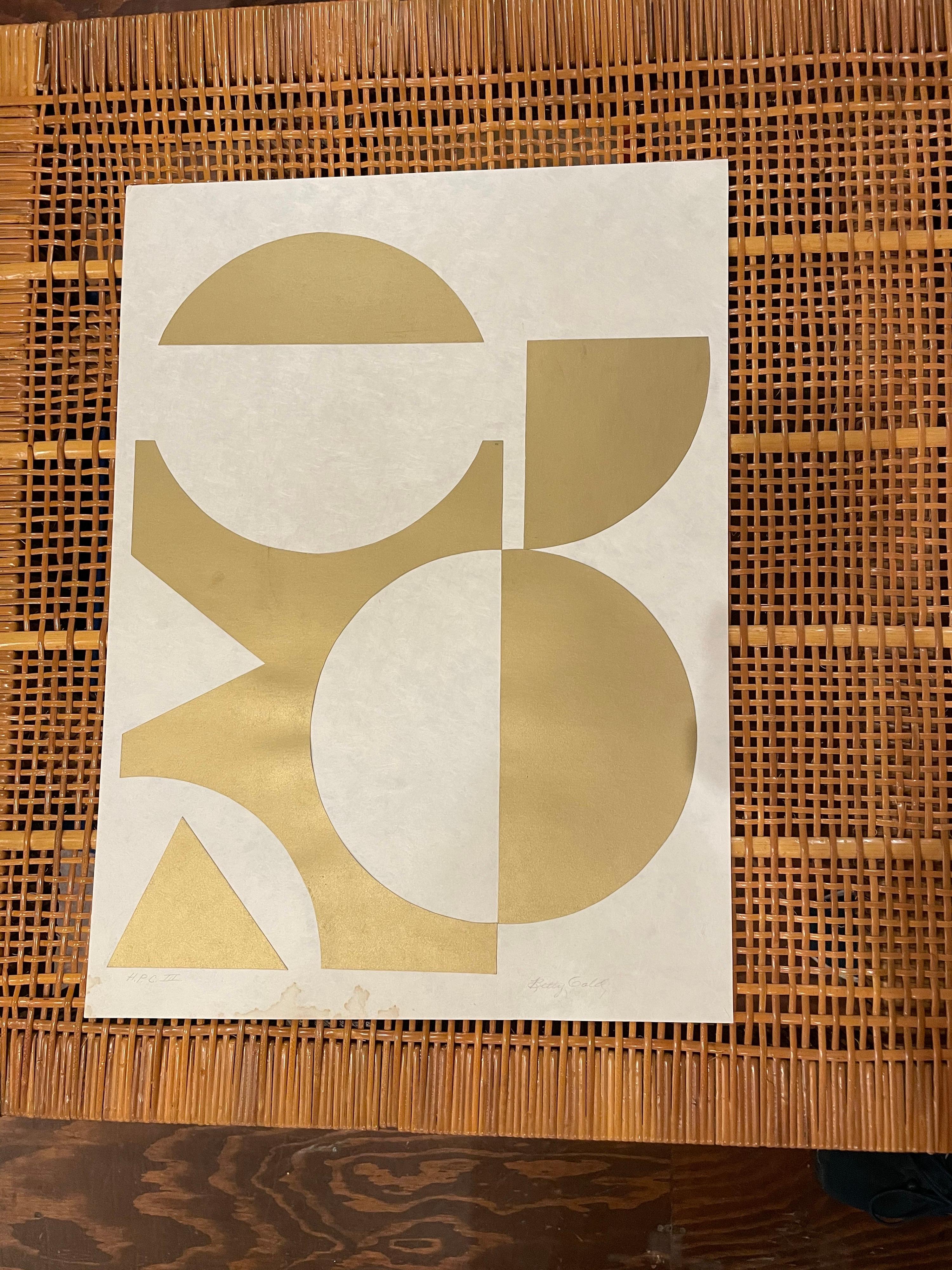 Rare signed mix media silkscreen some water damage on the bottom as shown this is an original piece by Betty Gold listed artist signed a gold cut geometric forms, rare to find the damage can be covered with the matting and frame.