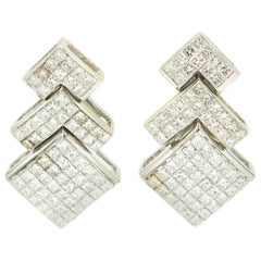 Vintage Geometric Invisibly Set Diamond Drop Dangle White Gold Earrings